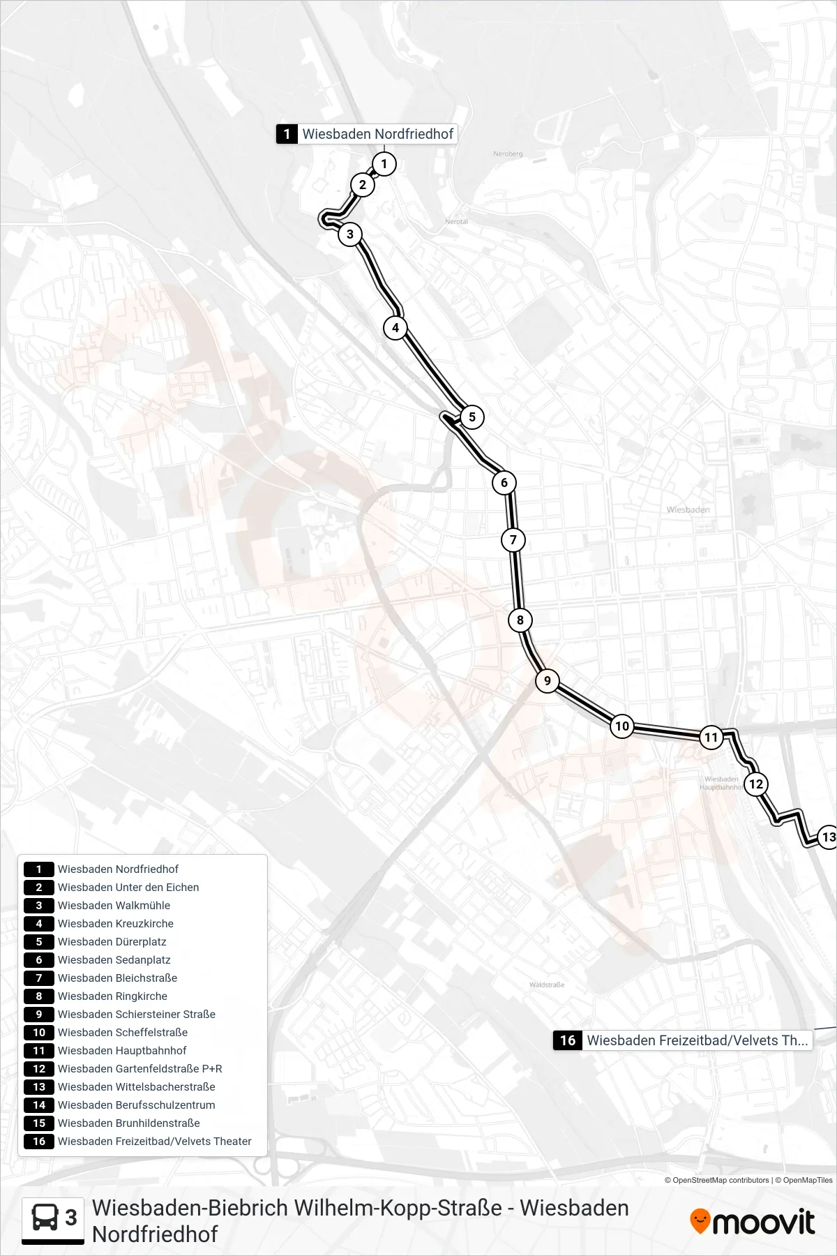 3 bus Line (Wiesbaden Freizeitbad/Velvets Theater) route and stops on a map