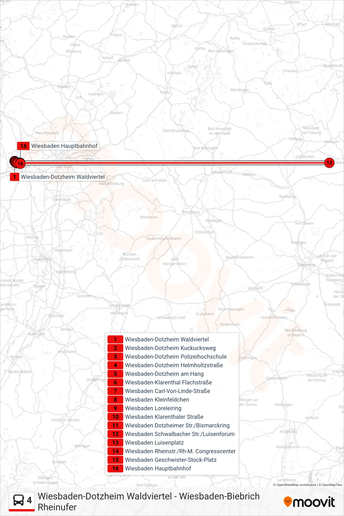 4 bus Line (Wiesbaden Hauptbahnhof) route and stops on a map