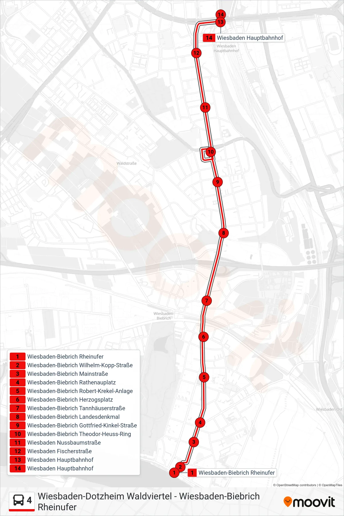 4 bus Line (Wiesbaden Hauptbahnhof) route and stops on a map
