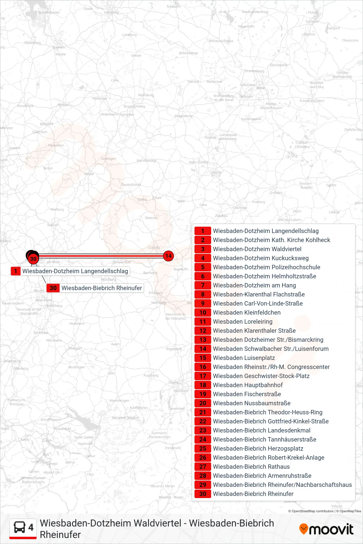 Linie 4 (Bus) Richtung Wiesbaden-Biebrich Rheinufer: Route und Haltestellen auf der Karte