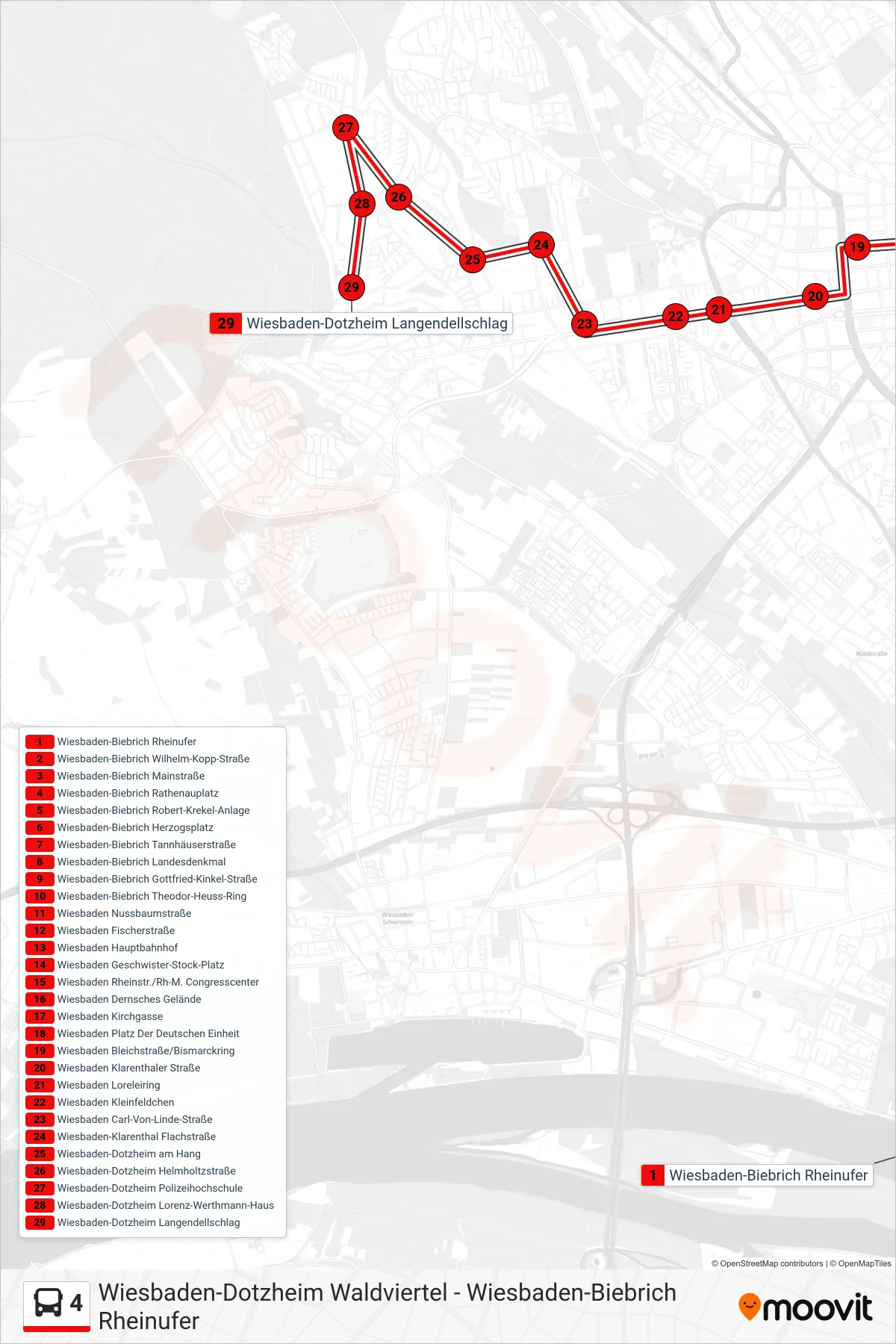 4 bus Line (Wiesbaden-Dotzheim Langendellschlag) route and stops on a map