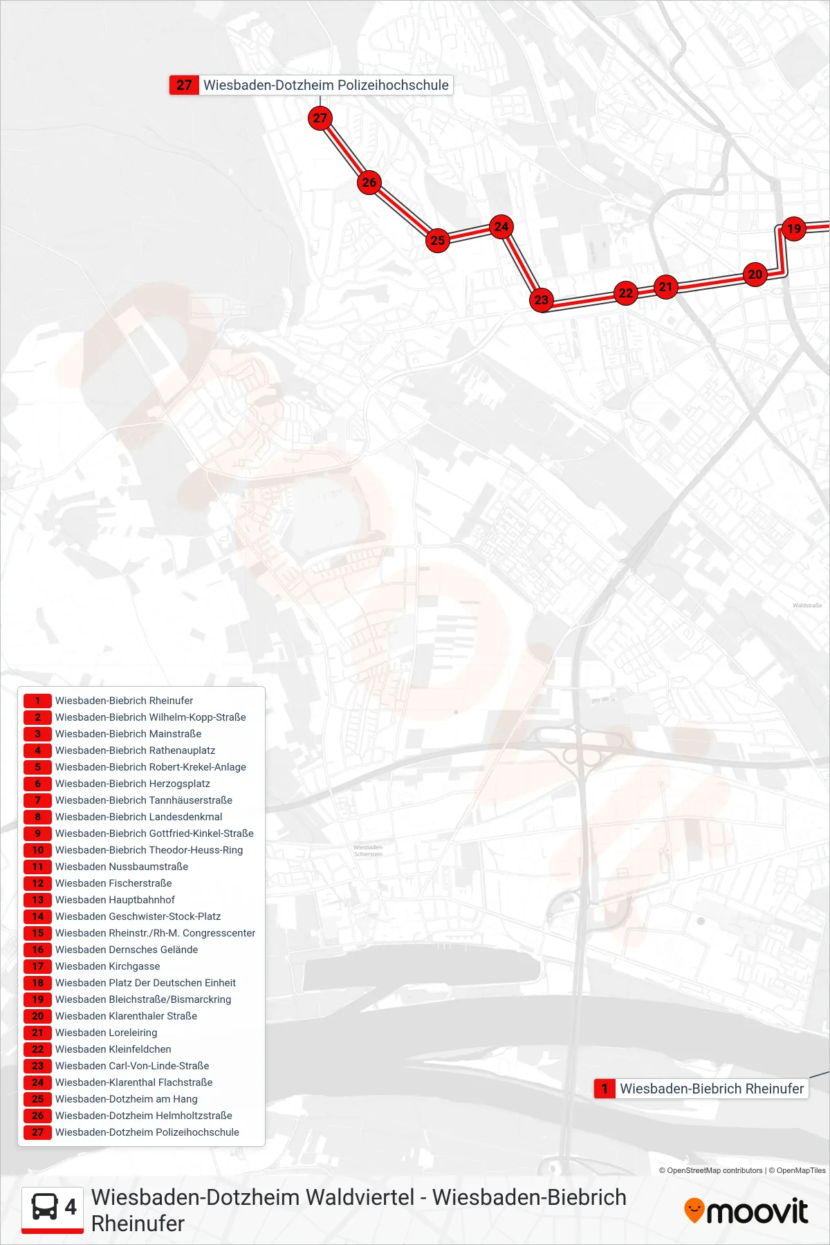 4 bus Line (Wiesbaden-Dotzheim Polizeihochschule) route and stops on a map