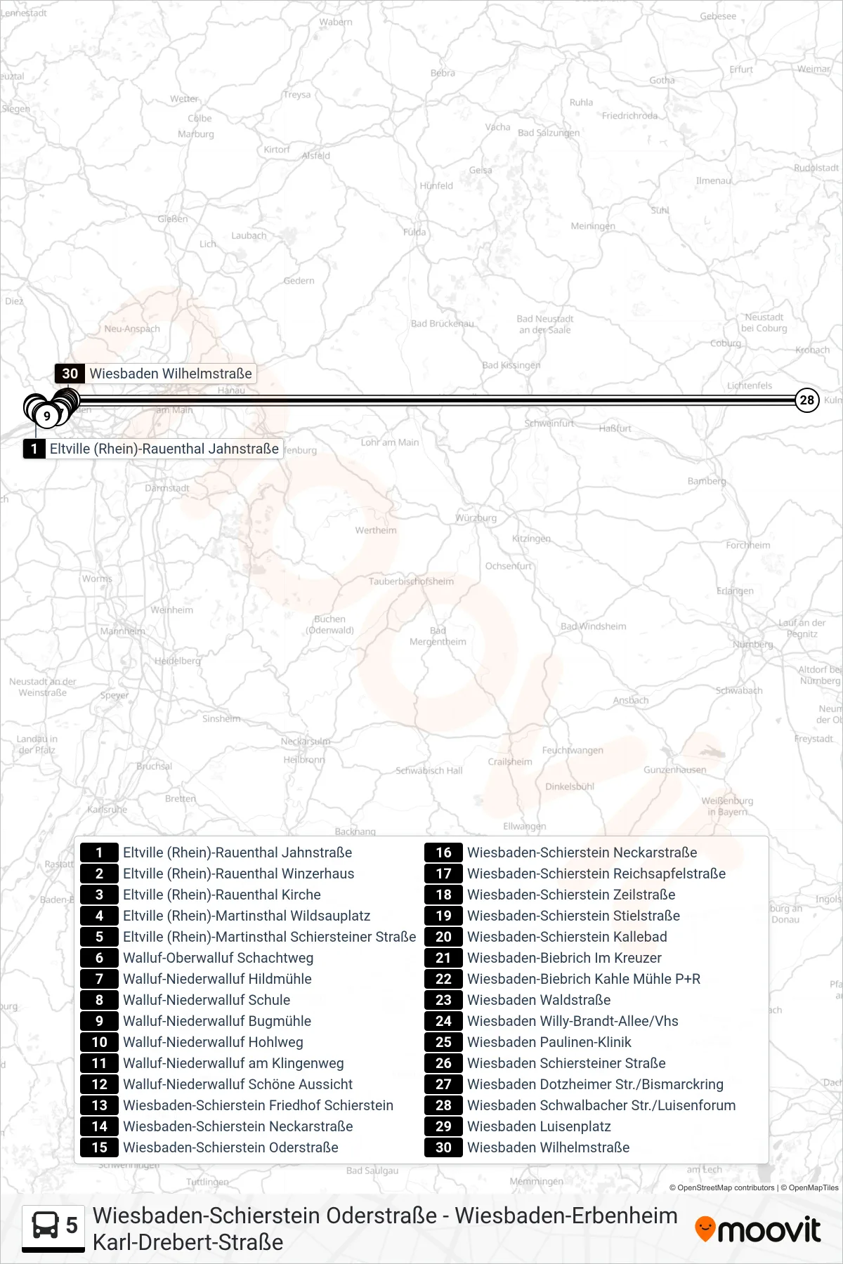 5 bus Line (Wiesbaden Wilhelmstraße) route and stops on a map
