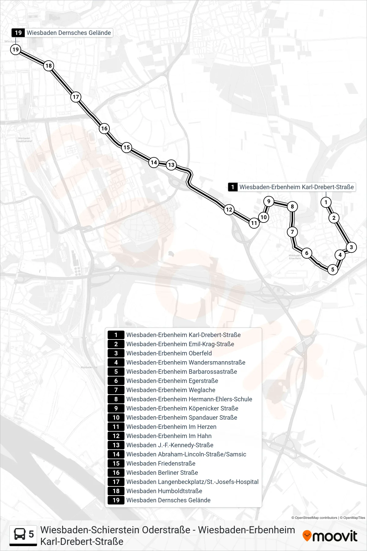 5 bus Line (Wiesbaden Dernsches Gelände) route and stops on a map