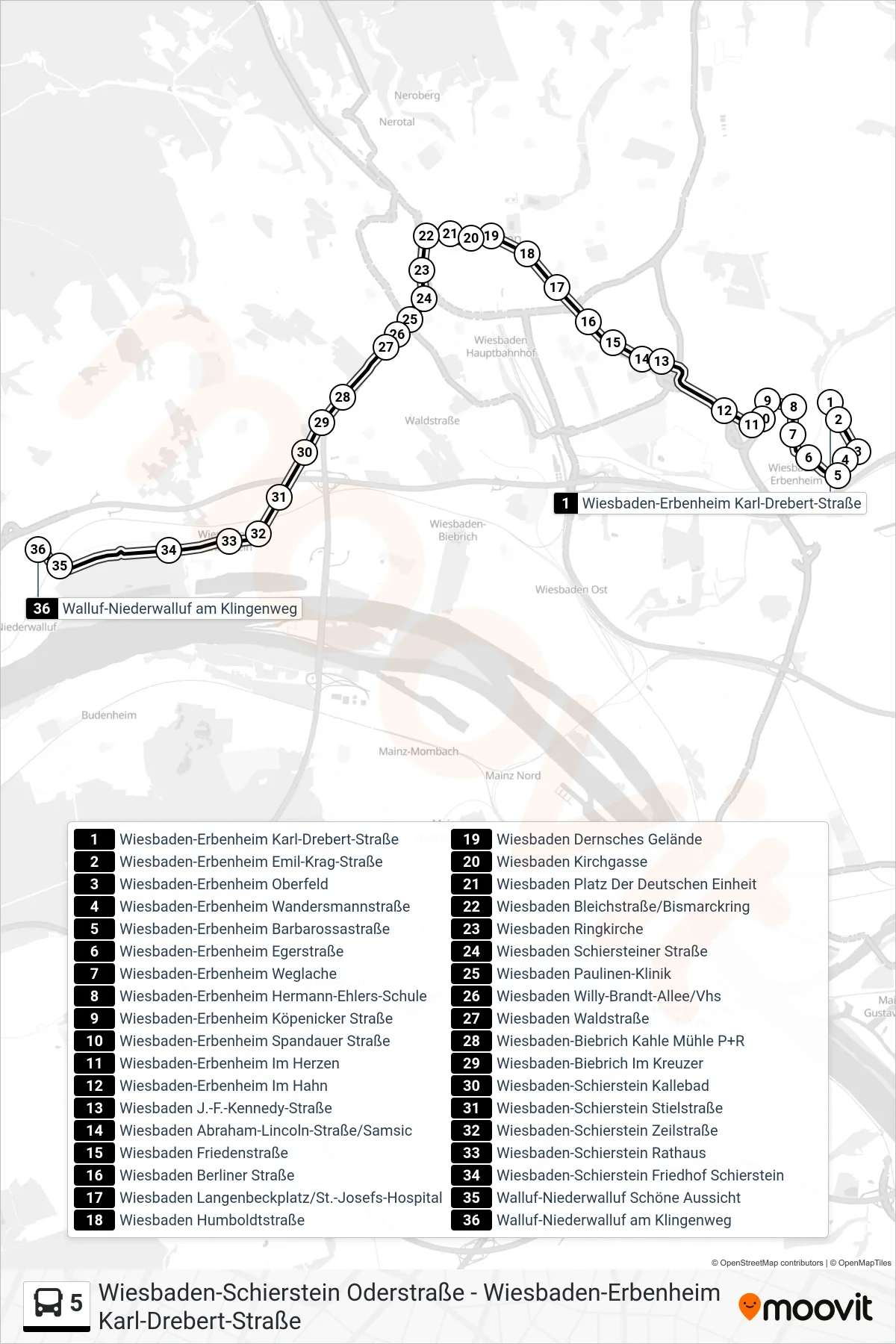 Linie 5 (Bus) Richtung Walluf-Niederwalluf am Klingenweg: Route und Haltestellen auf der Karte