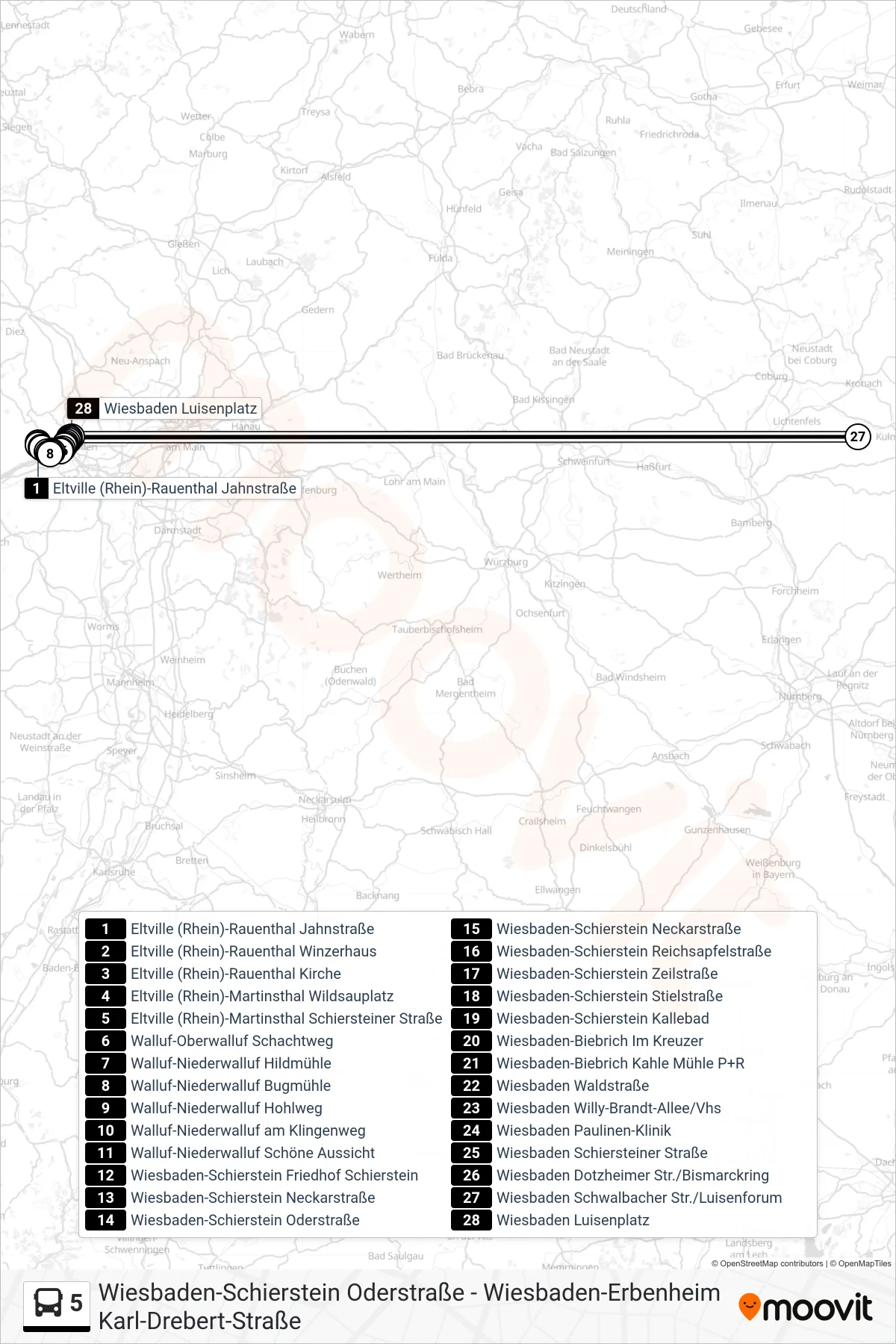 5 bus Line (Wiesbaden Luisenplatz) route and stops on a map