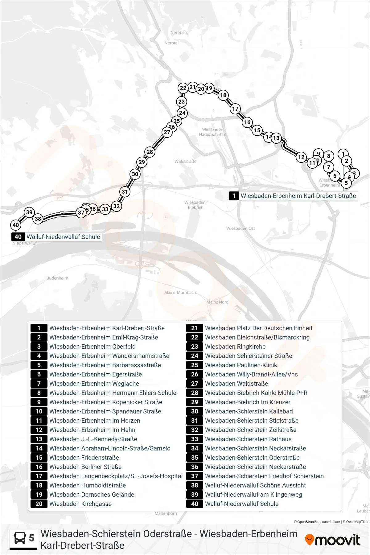 5 bus Line (Walluf-Niederwalluf Schule) route and stops on a map