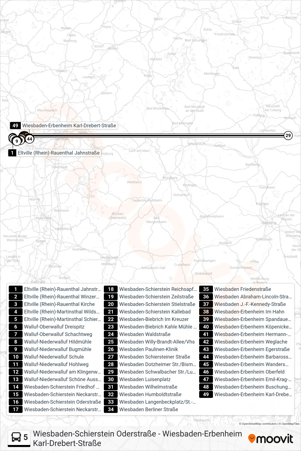 5 bus Line (Wiesbaden-Erbenheim Karl-Drebert-Straße) route and stops on a map