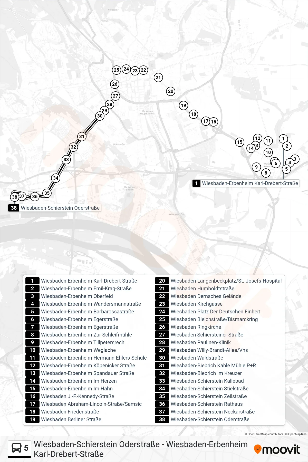 5 bus Line (Wiesbaden-Schierstein Oderstraße) route and stops on a map