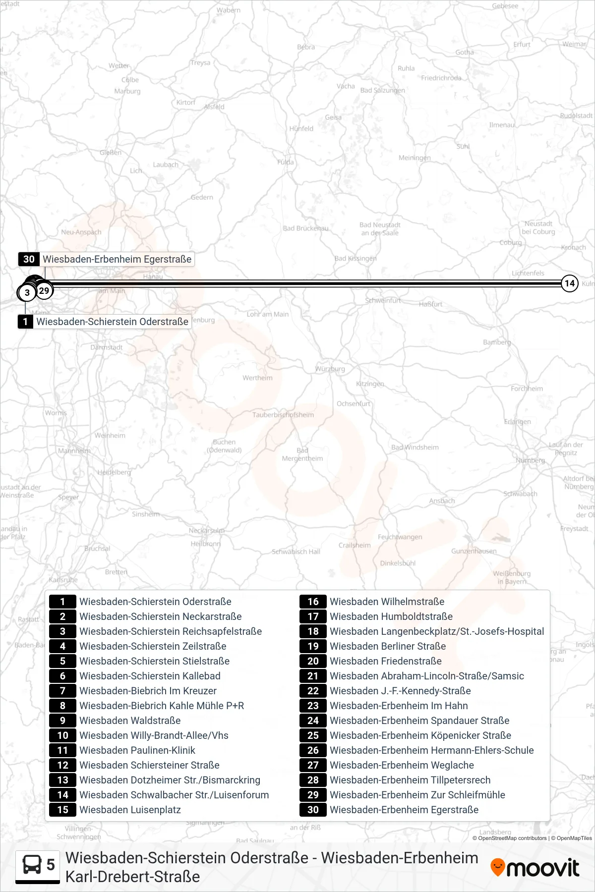 5 bus Line (Wiesbaden-Erbenheim Egerstraße) route and stops on a map
