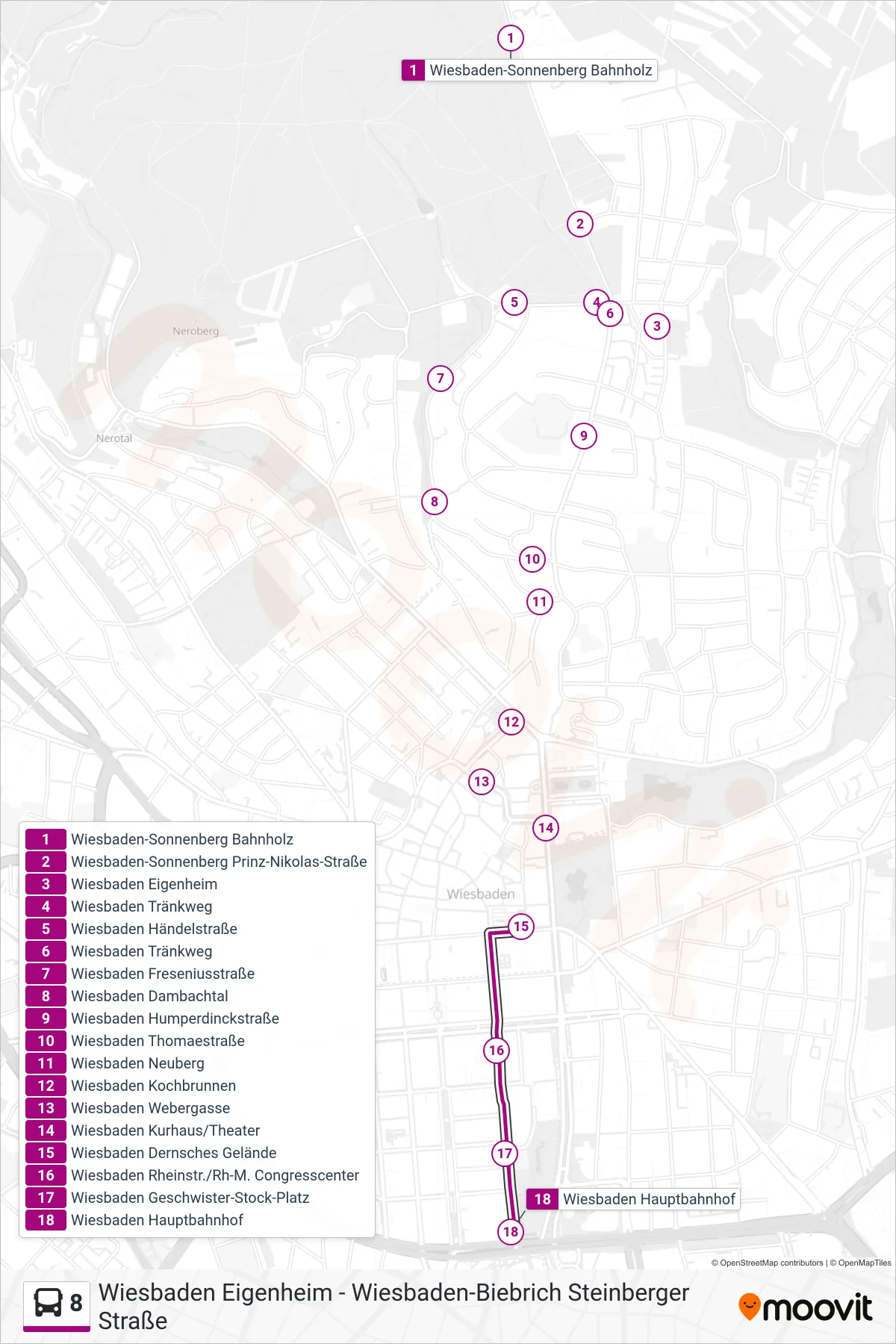 8 bus Line (Wiesbaden Hauptbahnhof) route and stops on a map