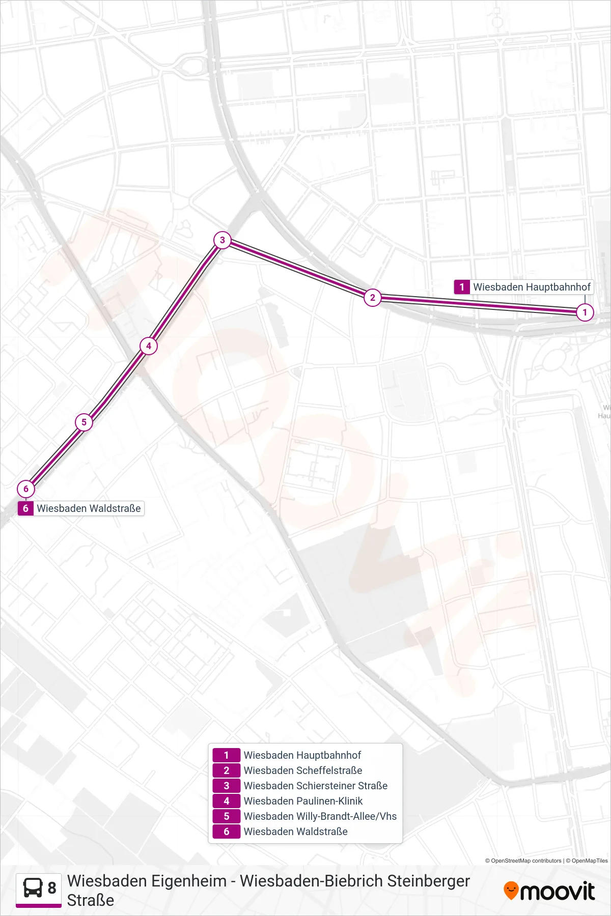 8 bus Line (Wiesbaden Waldstraße) route and stops on a map