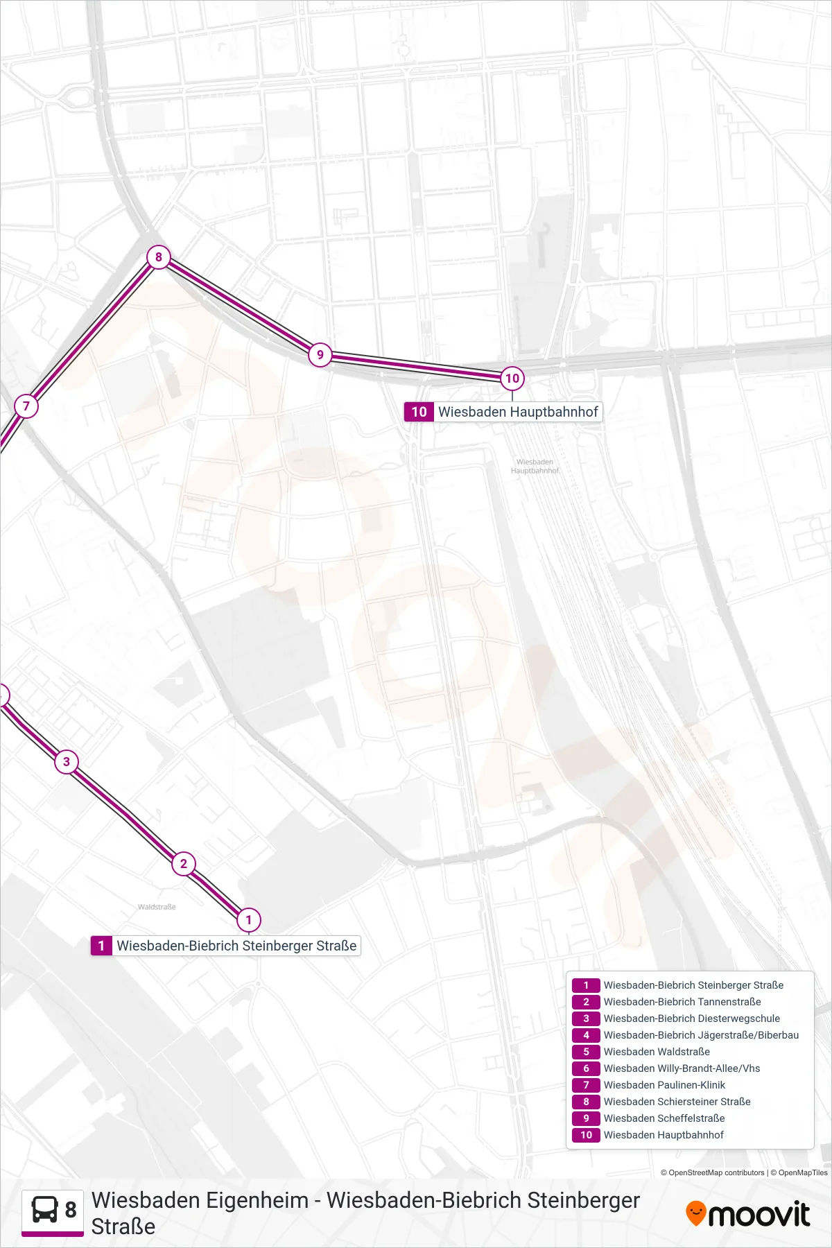 Linie 8 (Bus) Richtung Wiesbaden Hauptbahnhof: Route und Haltestellen auf der Karte