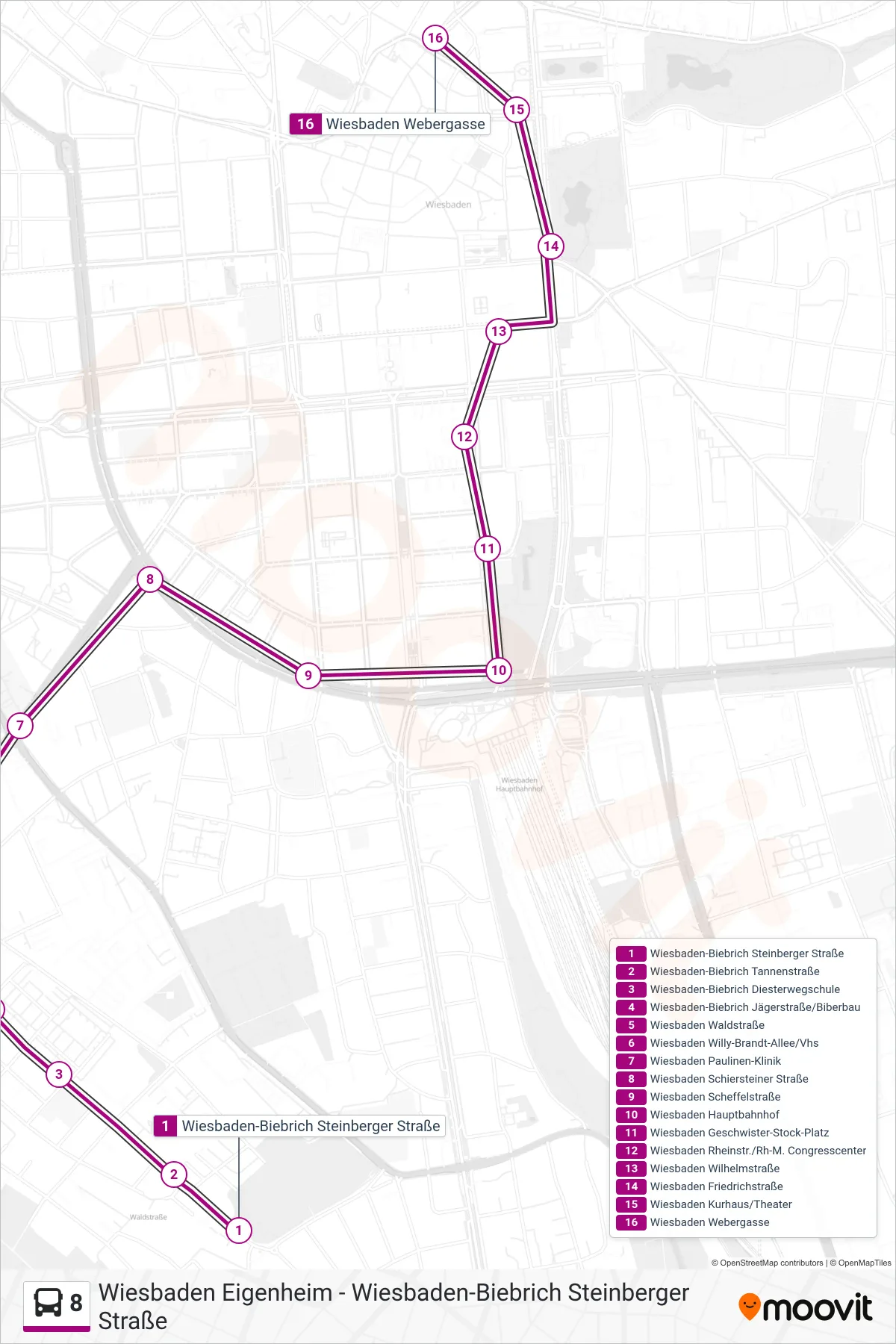 8 bus Line (Wiesbaden Webergasse) route and stops on a map