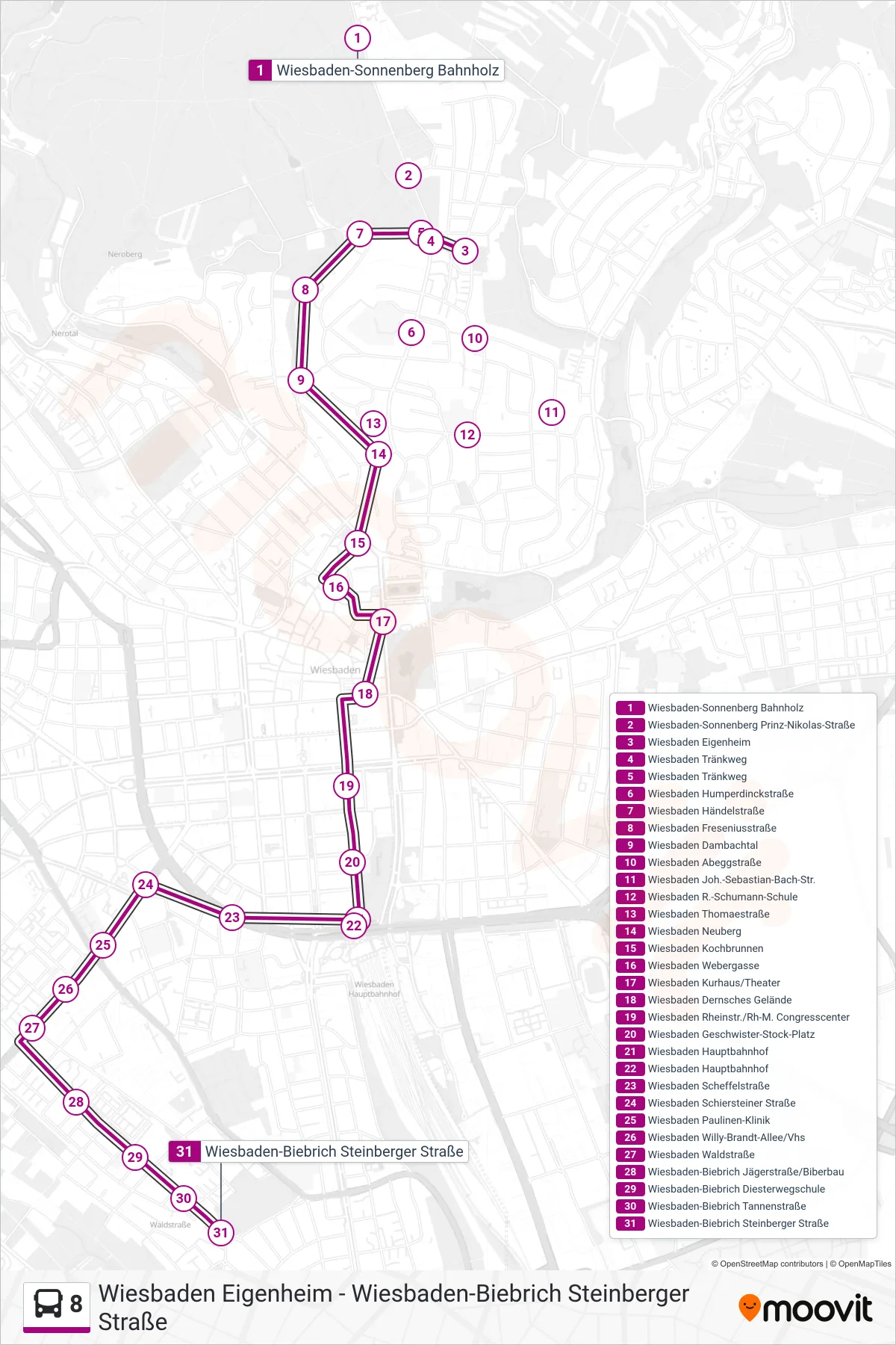 8 bus Line (Wiesbaden-Biebrich Steinberger Straße) route and stops on a map