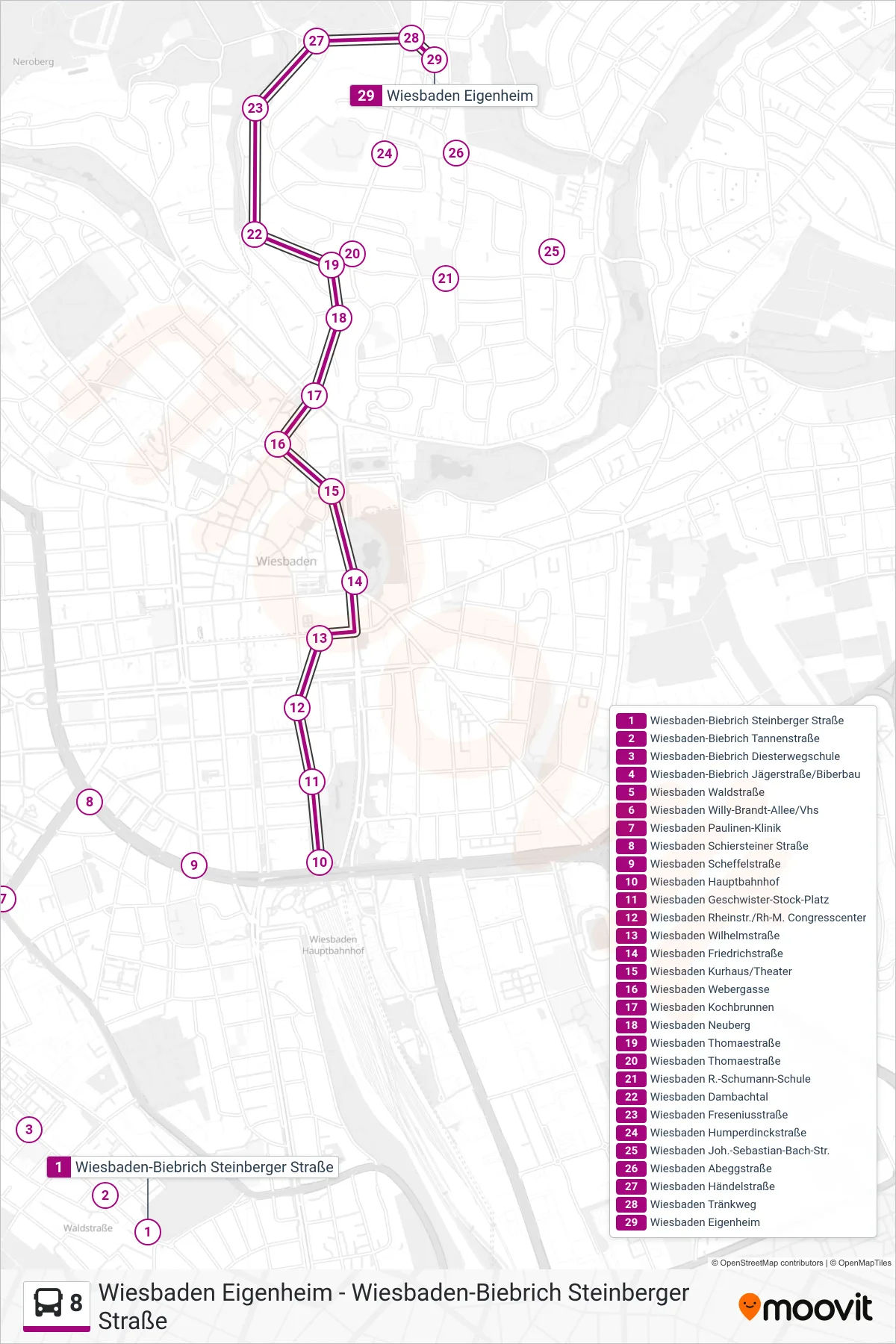 8 bus Line (Wiesbaden Eigenheim) route and stops on a map