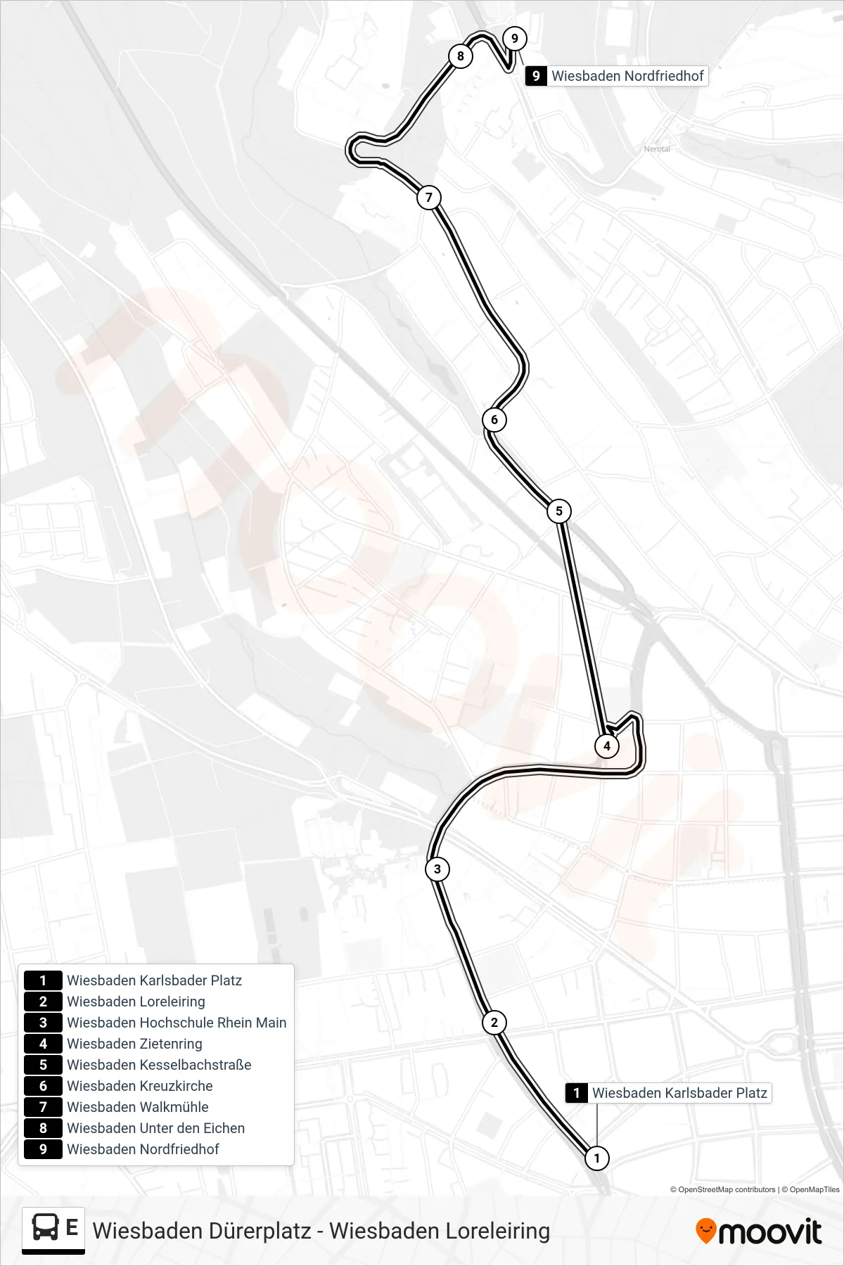 Linie E (Bus) Richtung Wiesbaden Nordfriedhof: Route und Haltestellen auf der Karte