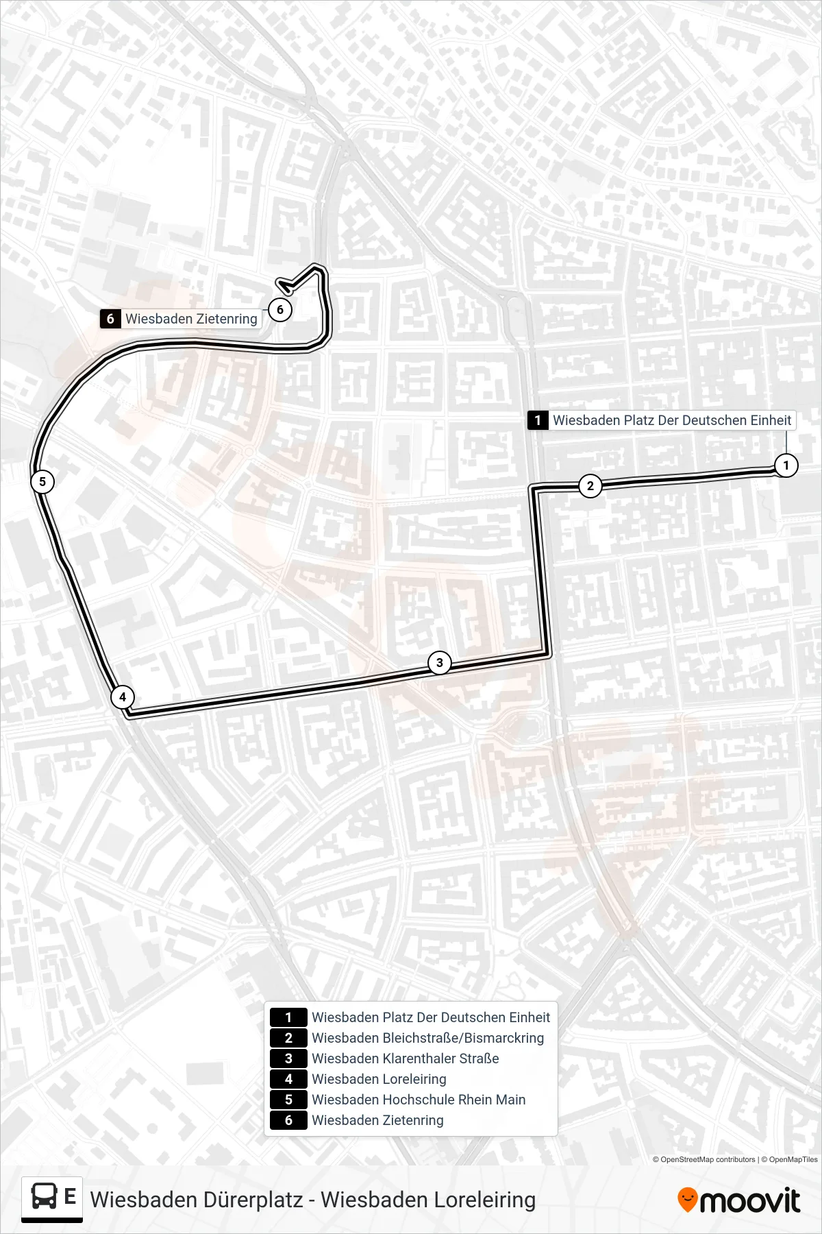 Linie E (Bus) Richtung Wiesbaden Zietenring: Route und Haltestellen auf der Karte
