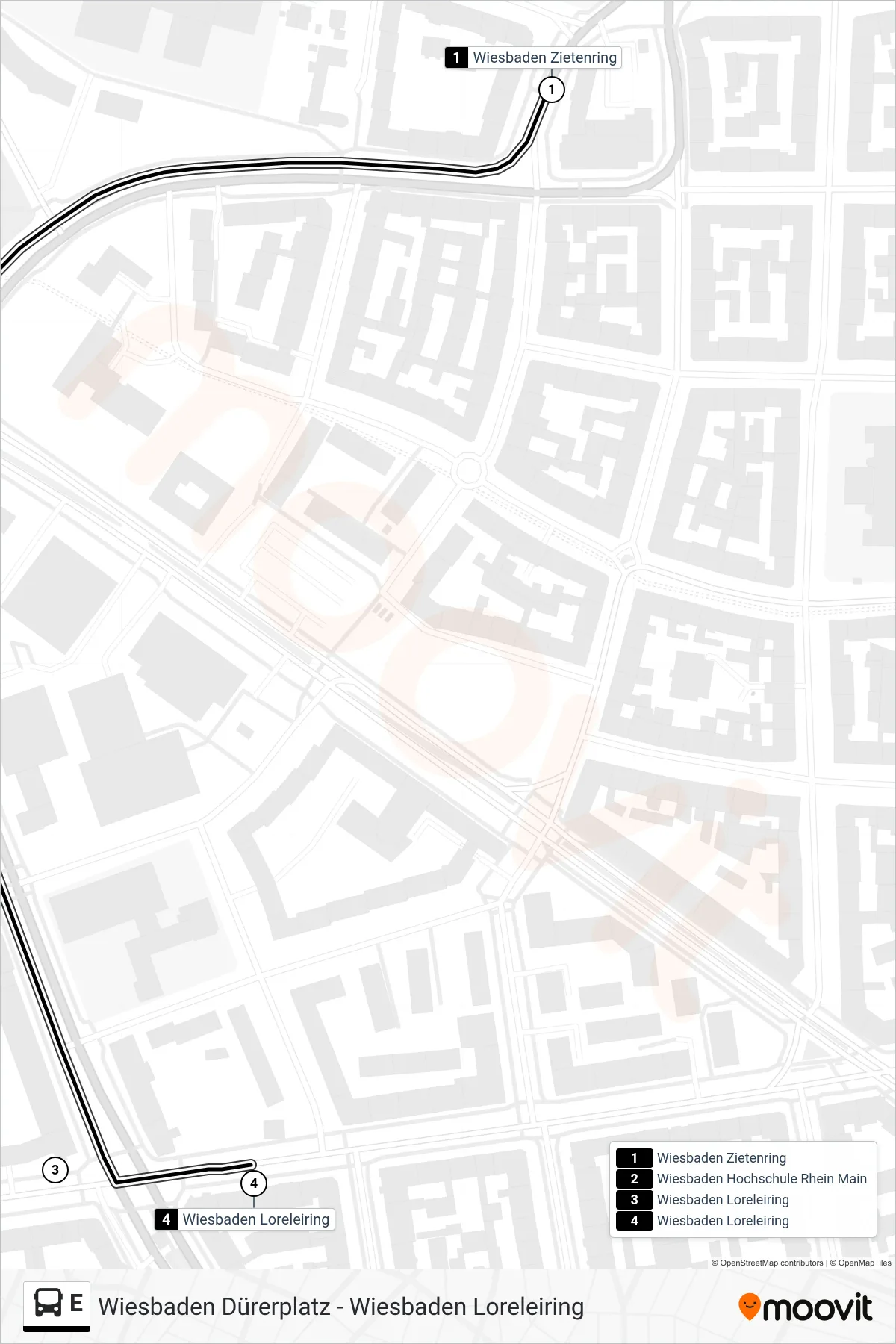 Linie E (Bus) Richtung Wiesbaden Loreleiring: Route und Haltestellen auf der Karte