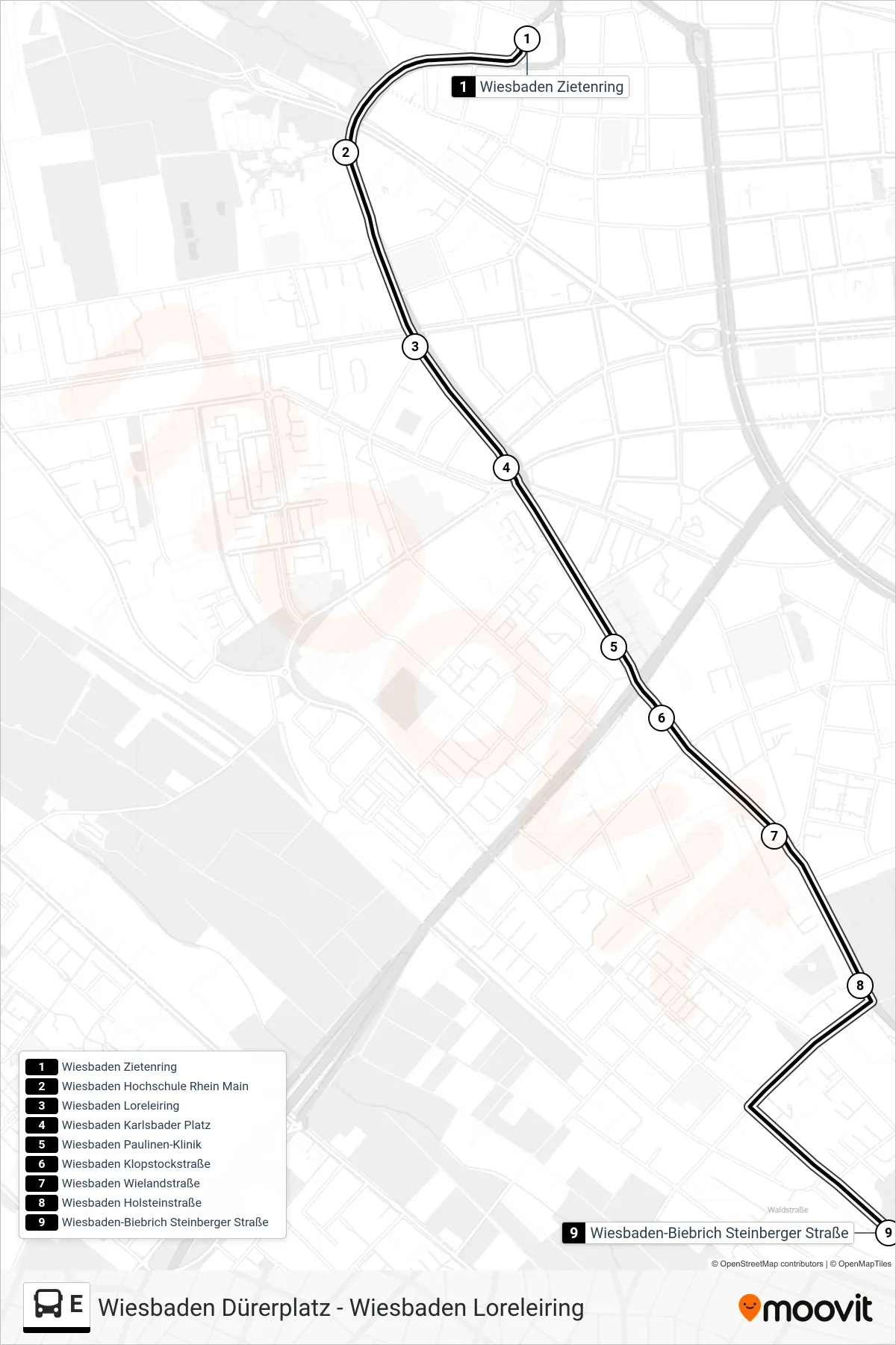 Linie E (Bus) Richtung Wiesbaden-Biebrich Steinberger Straße: Route und Haltestellen auf der Karte