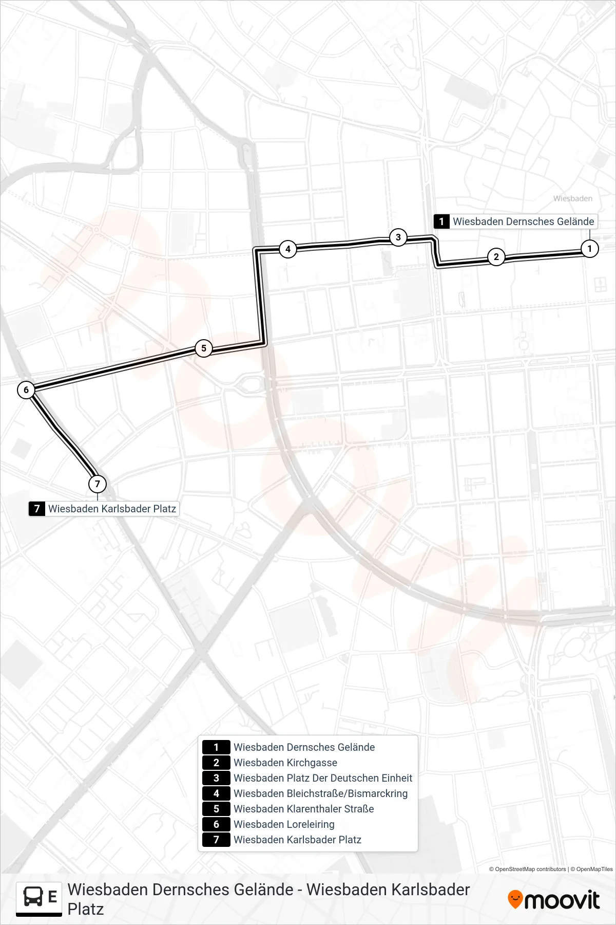 Linie E (Bus) Richtung Wiesbaden Karlsbader Platz: Route und Haltestellen auf der Karte