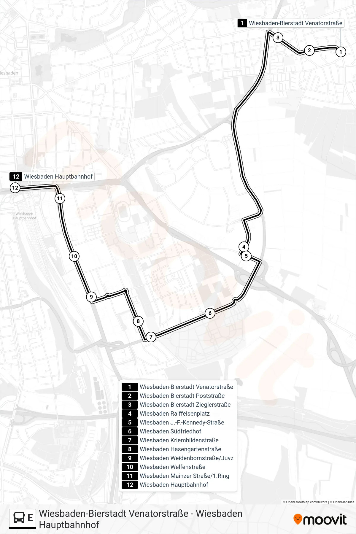 Linie E (Bus) Richtung Wiesbaden Hauptbahnhof: Route und Haltestellen auf der Karte