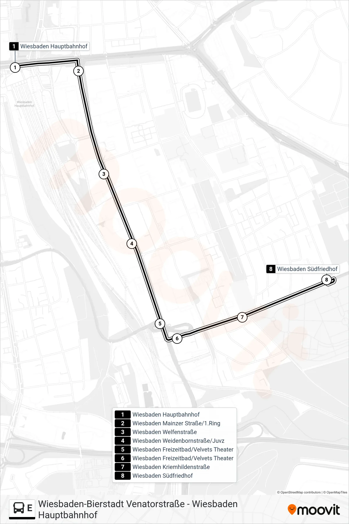 Linie E (Bus) Richtung Wiesbaden Südfriedhof: Route und Haltestellen auf der Karte