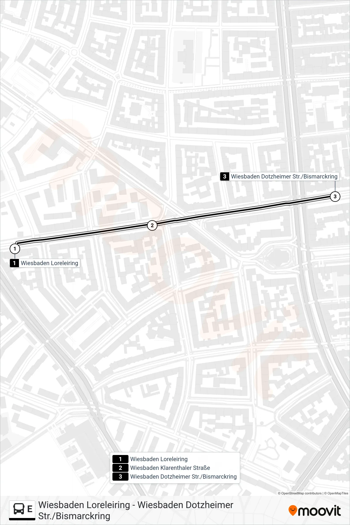Linie E (Bus) Richtung Wiesbaden Dotzheimer Str./Bismarckring: Route und Haltestellen auf der Karte