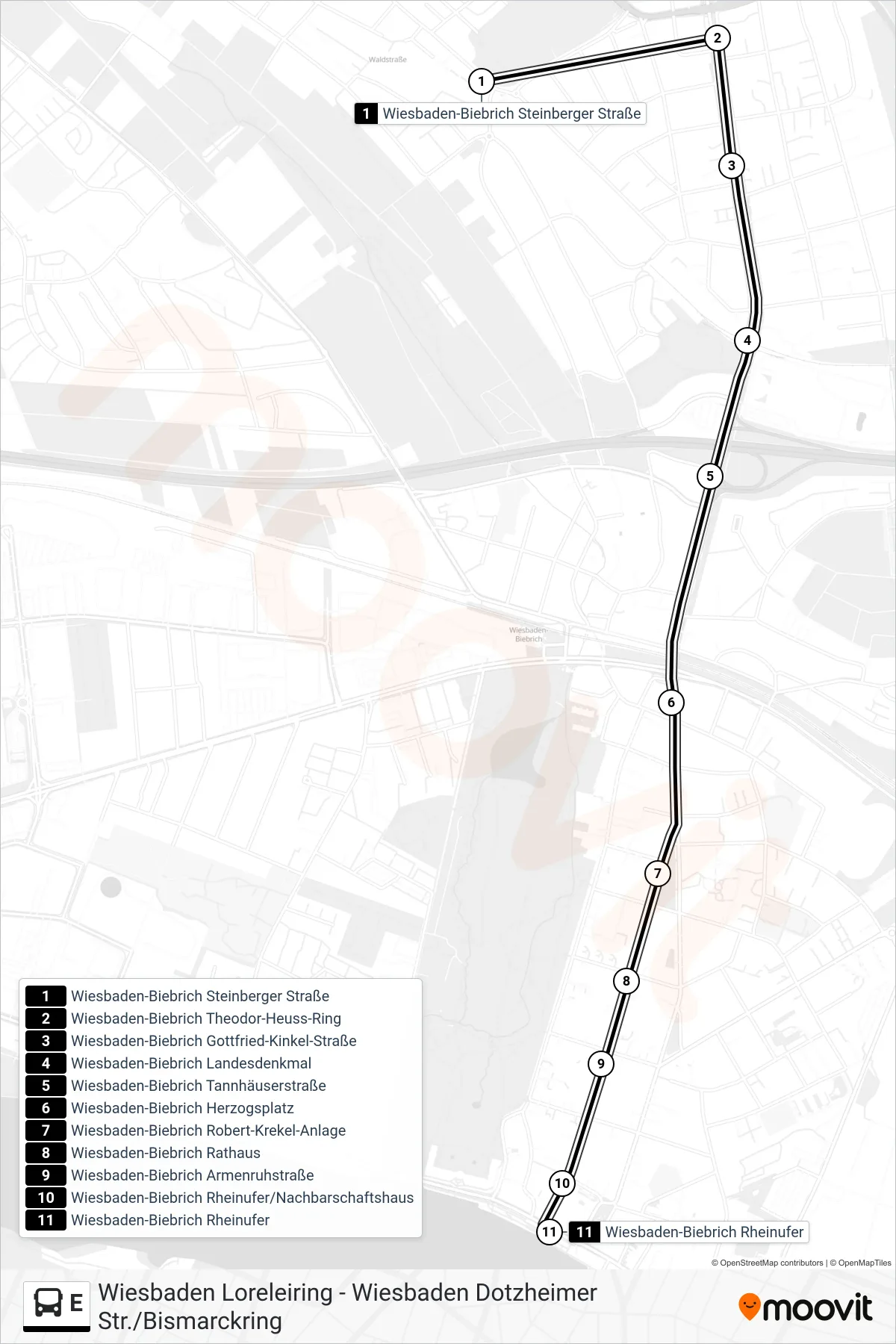 Linie E (Bus) Richtung Wiesbaden-Biebrich Rheinufer: Route und Haltestellen auf der Karte