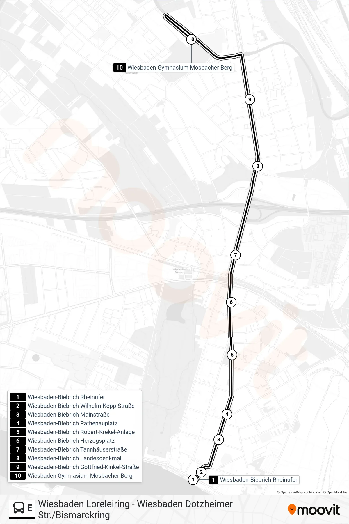 Linie E (Bus) Richtung Wiesbaden Gymnasium Mosbacher Berg: Route und Haltestellen auf der Karte