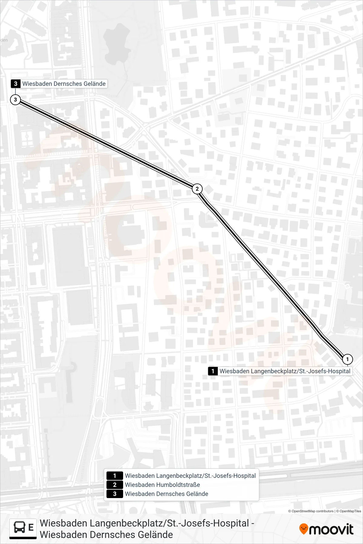 E bus Line (Wiesbaden Dernsches Gelände) route and stops on a map