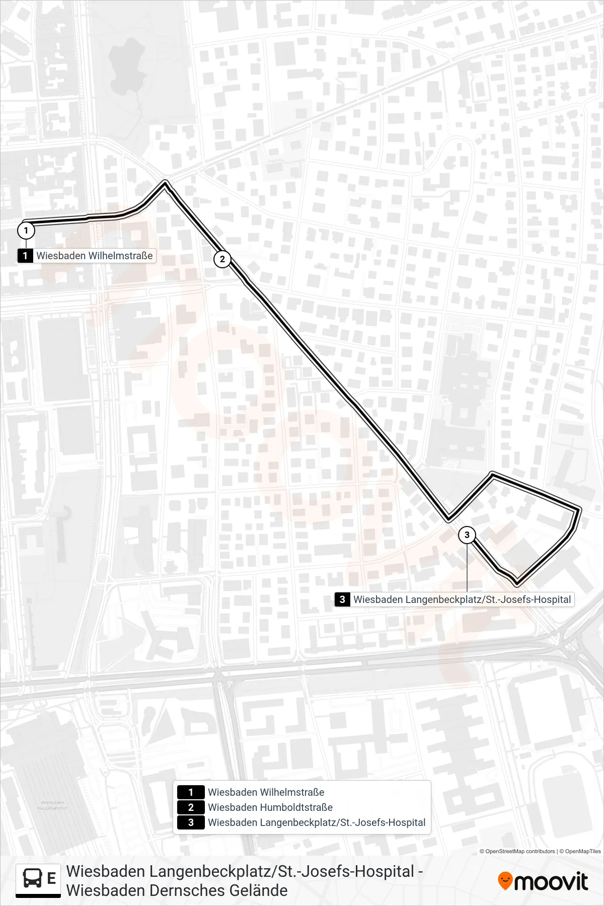 Linie E (Bus) Richtung Wiesbaden Langenbeckplatz/St.-Josefs-Hospital: Route und Haltestellen auf der Karte