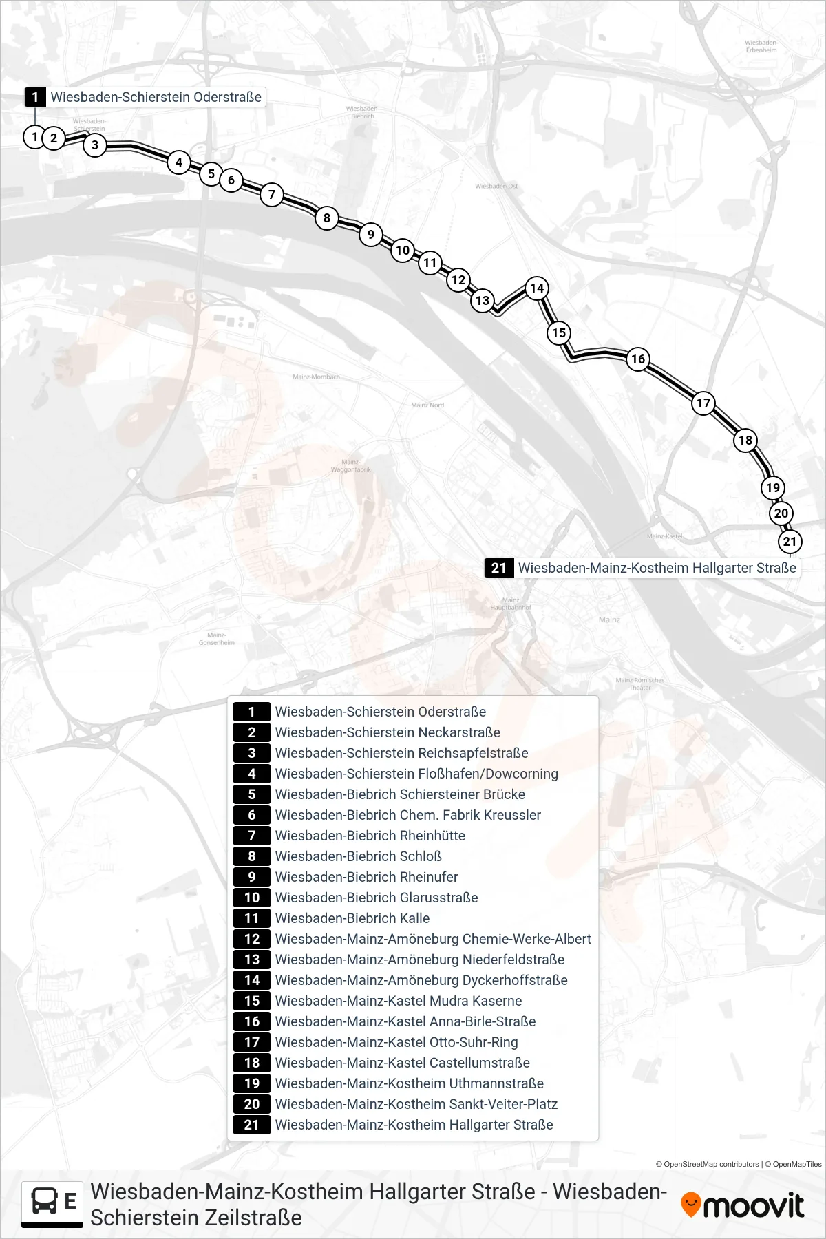 E bus Line (Wiesbaden-Mainz-Kostheim Hallgarter Straße) route and stops on a map