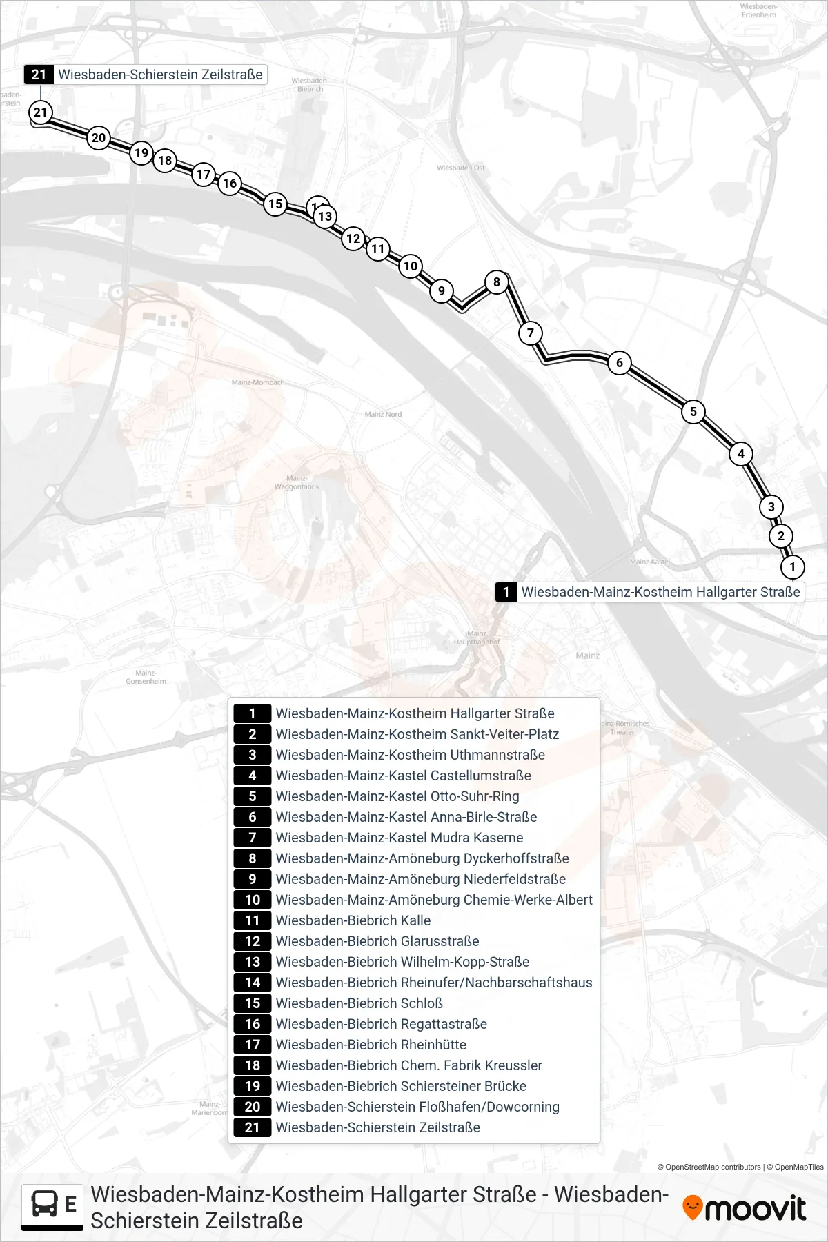 Linie E (Bus) Richtung Wiesbaden-Schierstein Zeilstraße: Route und Haltestellen auf der Karte