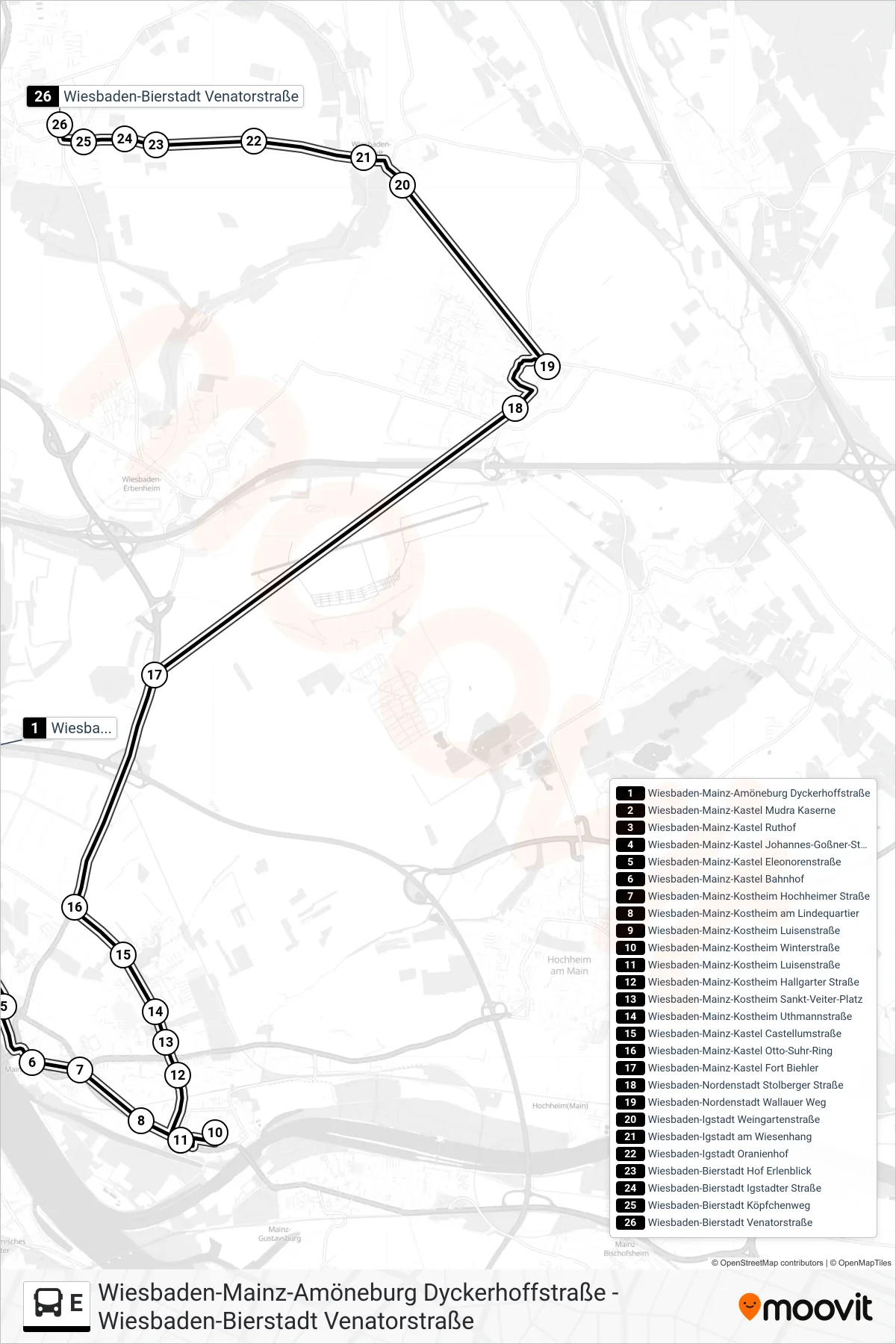 Linie E (Bus) Richtung Wiesbaden-Bierstadt Venatorstraße: Route und Haltestellen auf der Karte