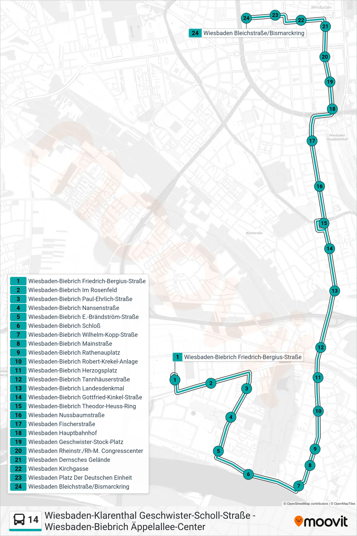 14 bus Line (Wiesbaden Bleichstraße/Bismarckring) route and stops on a map