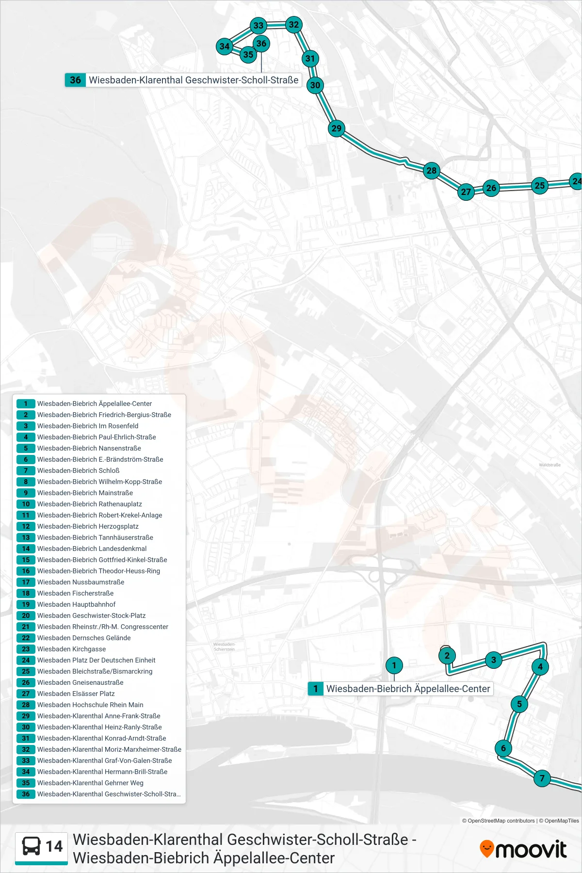 14 bus Line (Wiesbaden-Klarenthal Geschwister-Scholl-Straße) route and stops on a map