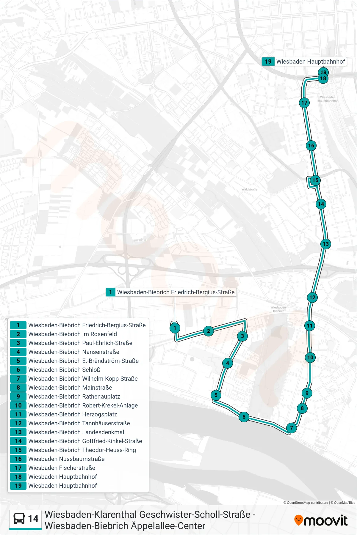 14 bus Line (Wiesbaden Hauptbahnhof) route and stops on a map