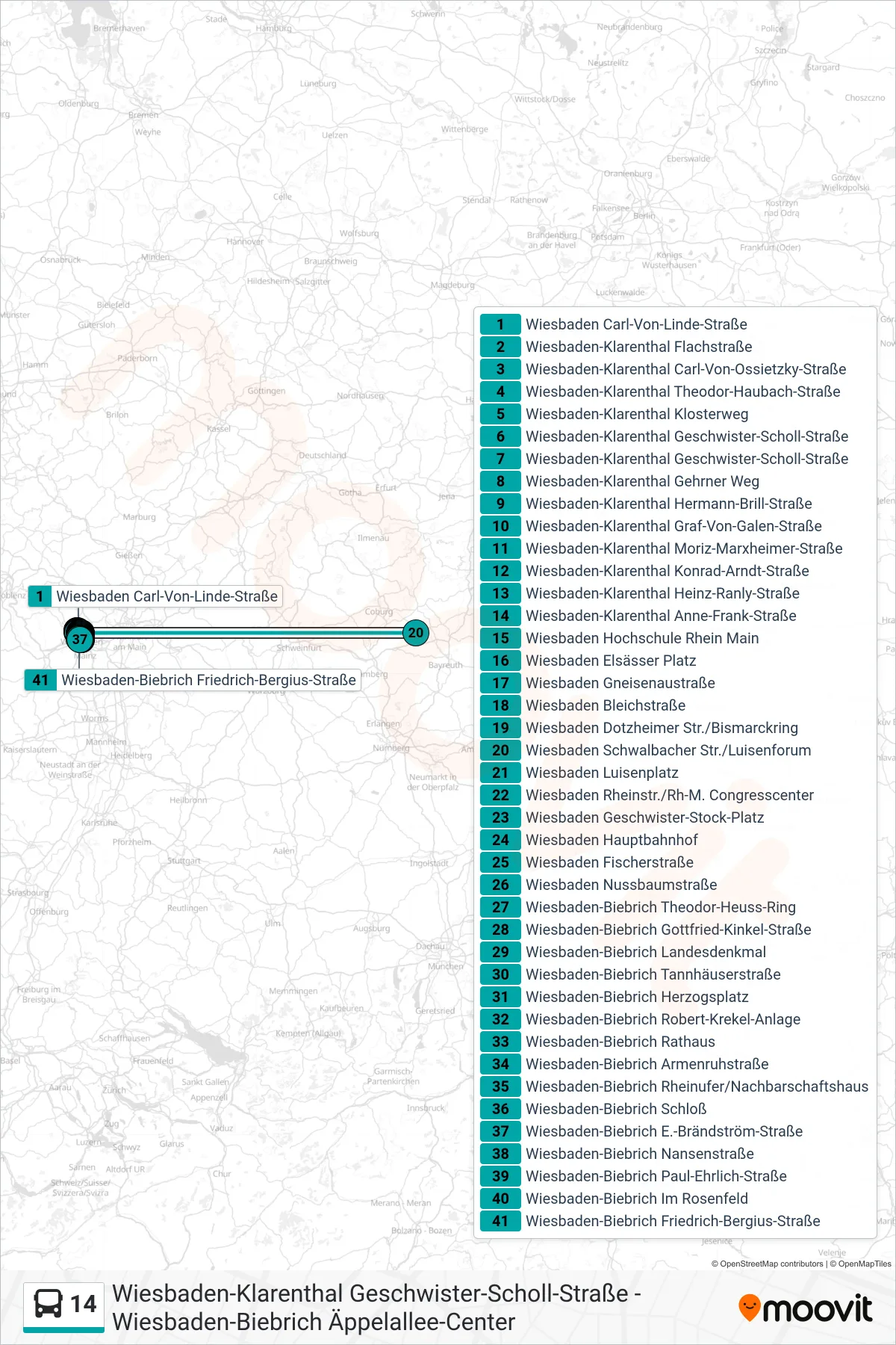 14 bus Line (Wiesbaden-Biebrich Friedrich-Bergius-Straße) route and stops on a map