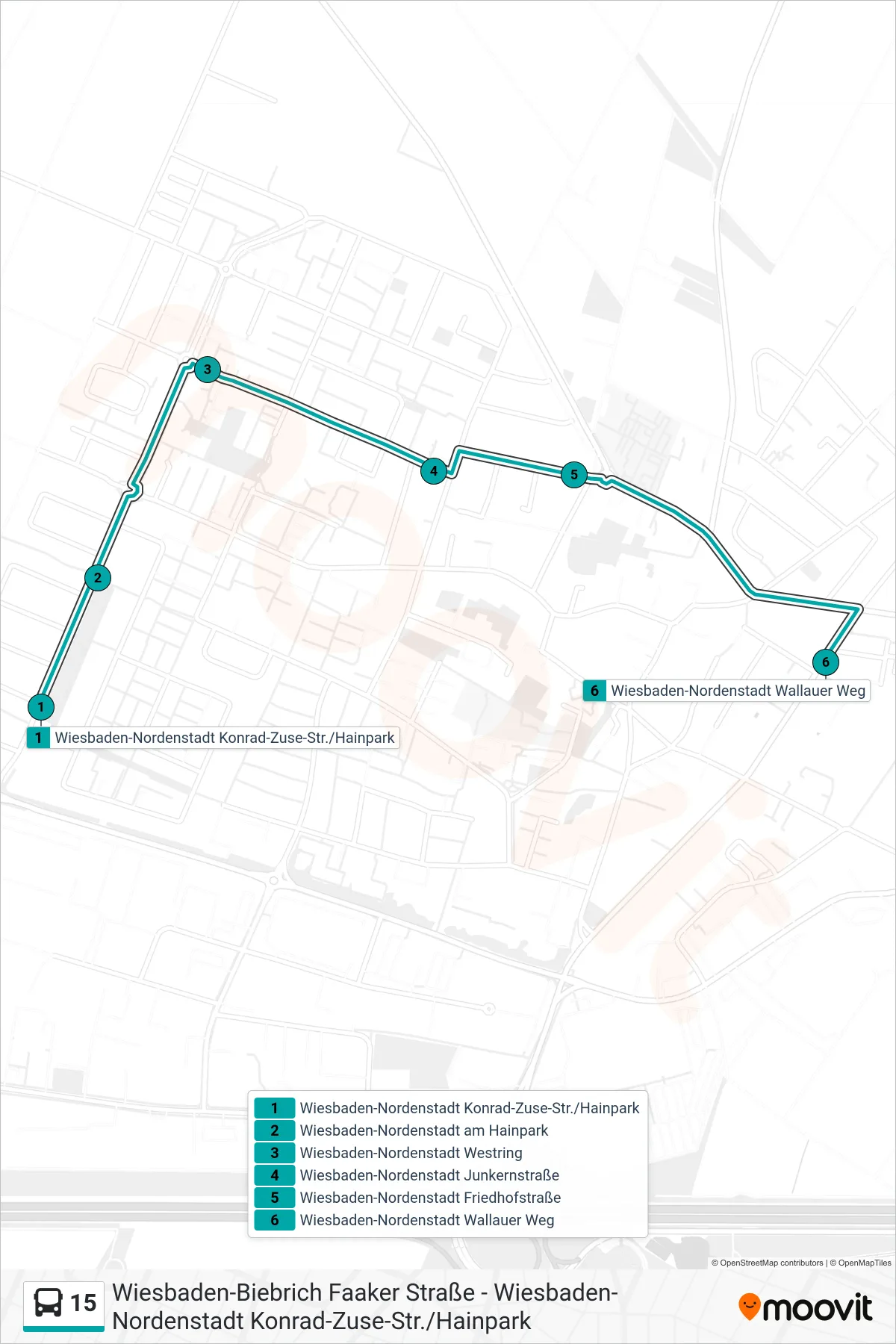 15 bus Line (Wiesbaden-Nordenstadt Wallauer Weg) route and stops on a map