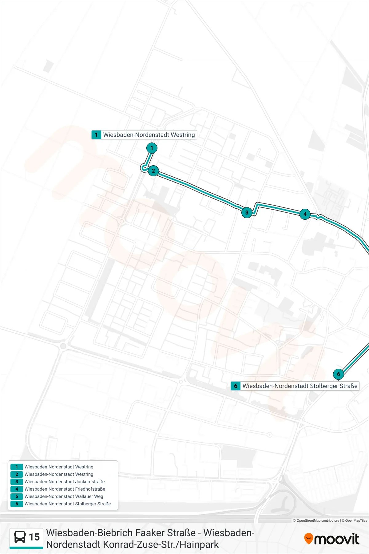 15 bus Line (Wiesbaden-Nordenstadt Stolberger Straße) route and stops on a map