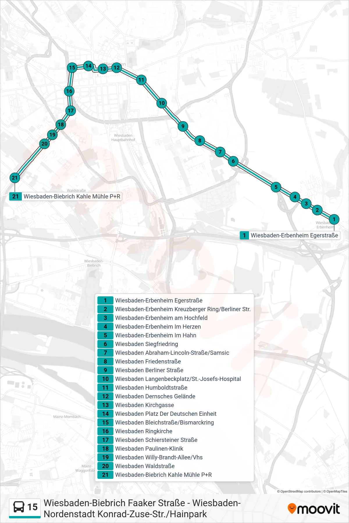 15 bus Line (Wiesbaden-Biebrich Kahle Mühle P+R) route and stops on a map