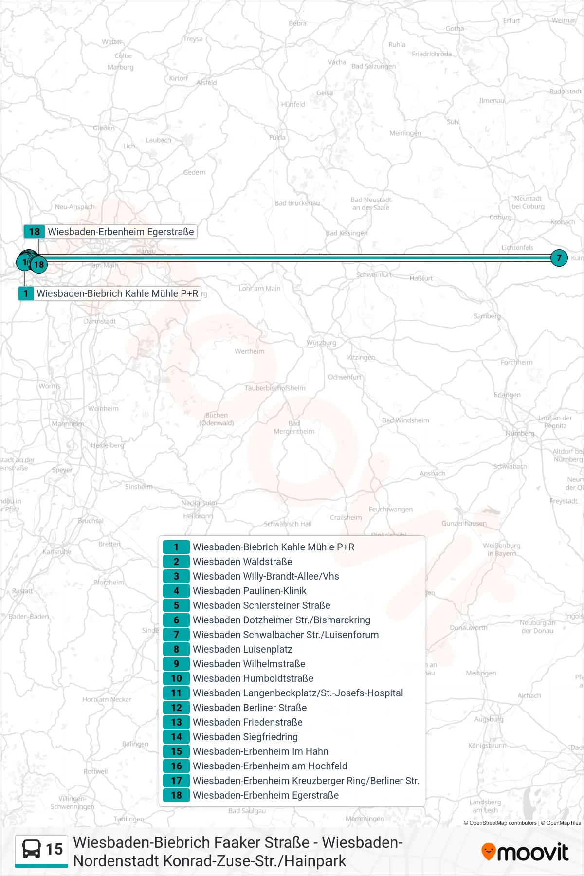 15 bus Line (Wiesbaden-Erbenheim Egerstraße) route and stops on a map