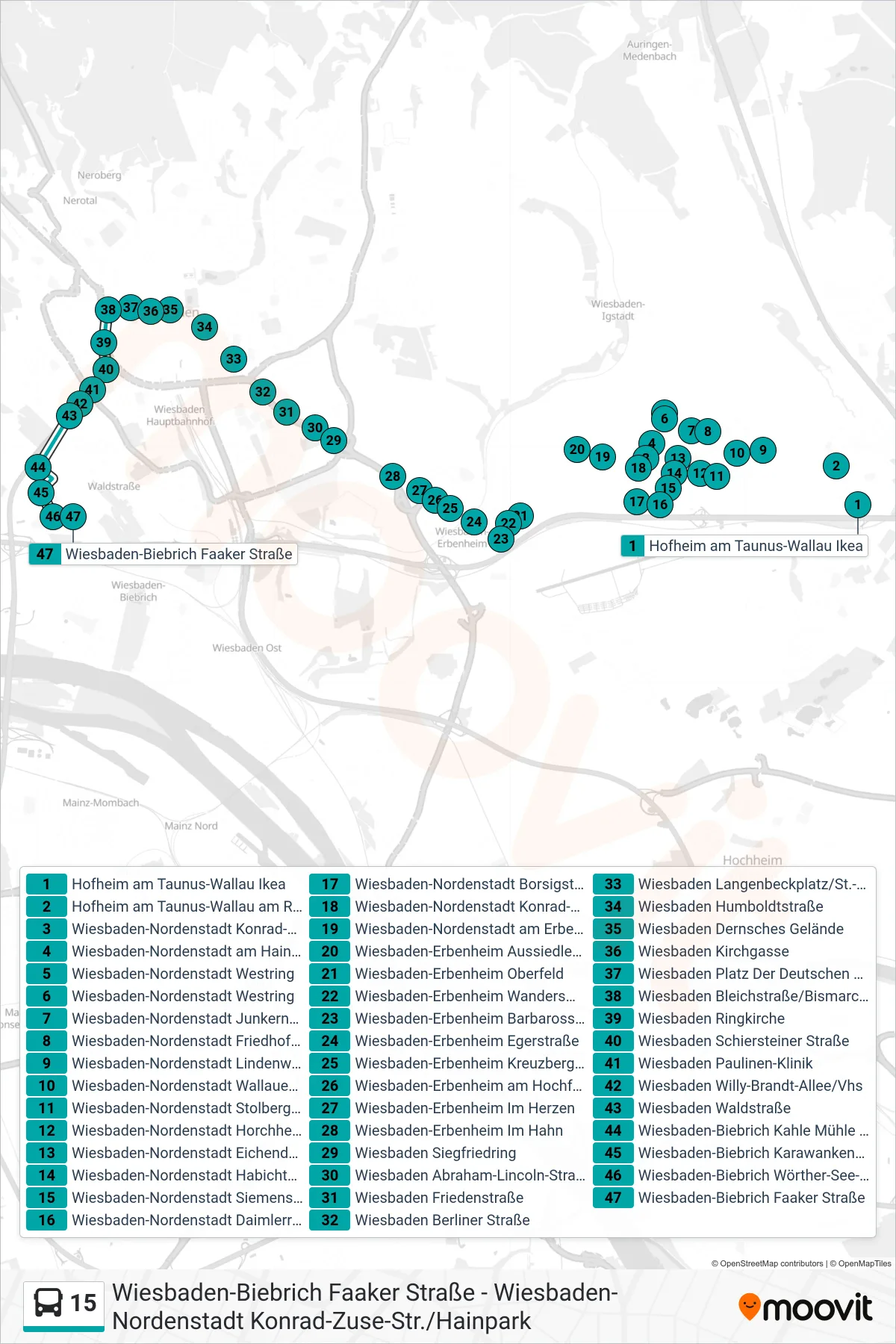 15 bus Line (Wiesbaden-Biebrich Faaker Straße) route and stops on a map