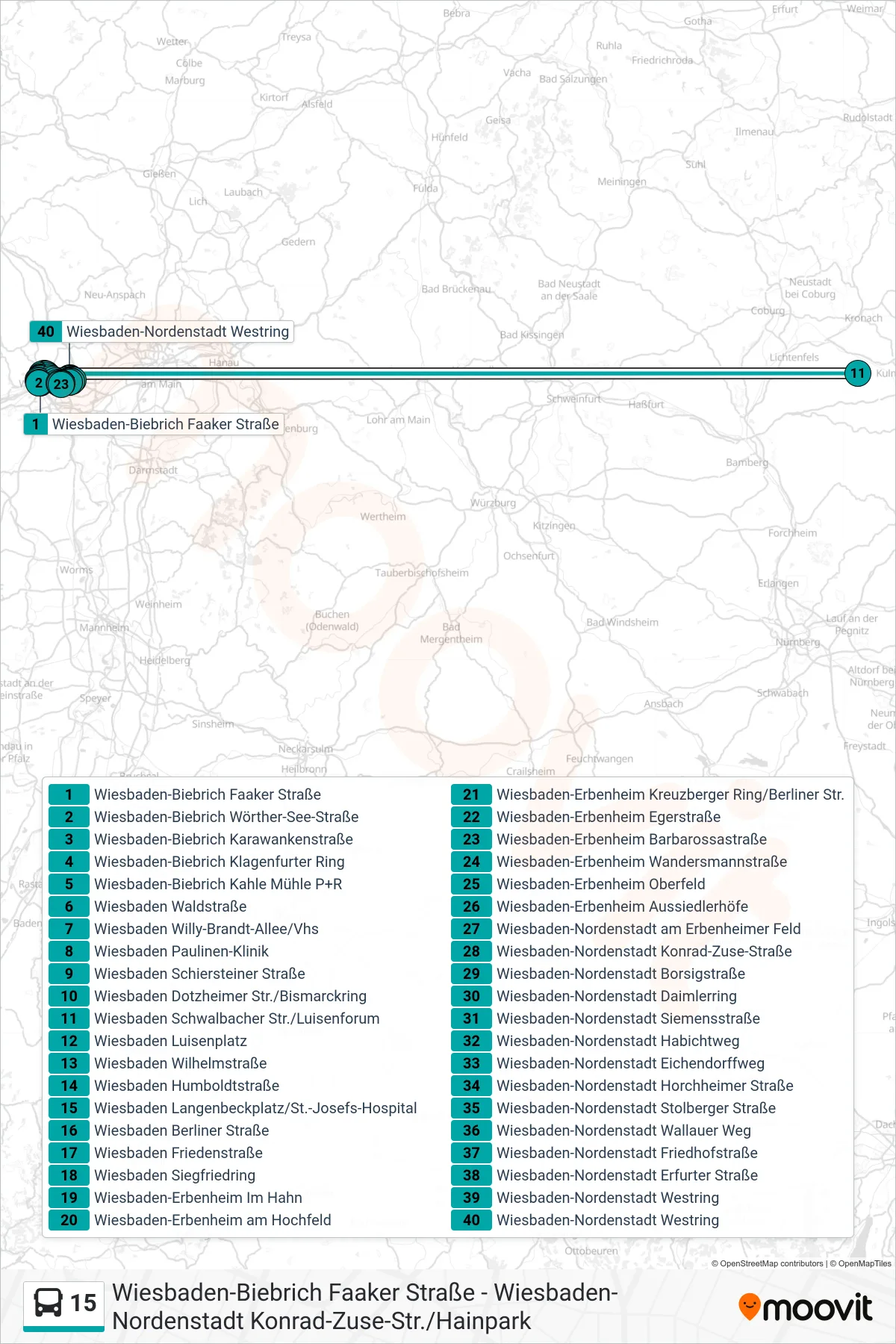 15 bus Line (Wiesbaden-Nordenstadt Westring) route and stops on a map