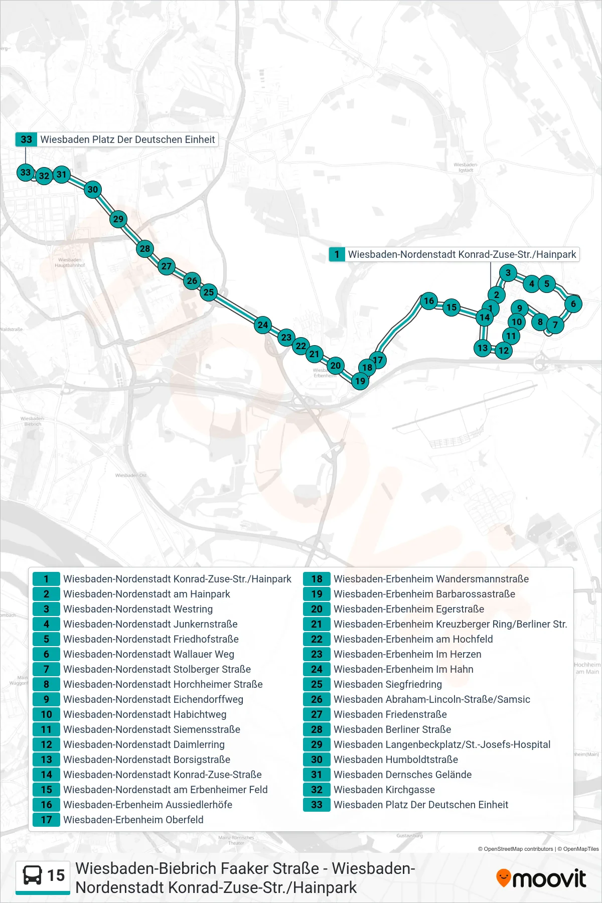 15 bus Line (Wiesbaden Platz Der Deutschen Einheit) route and stops on a map