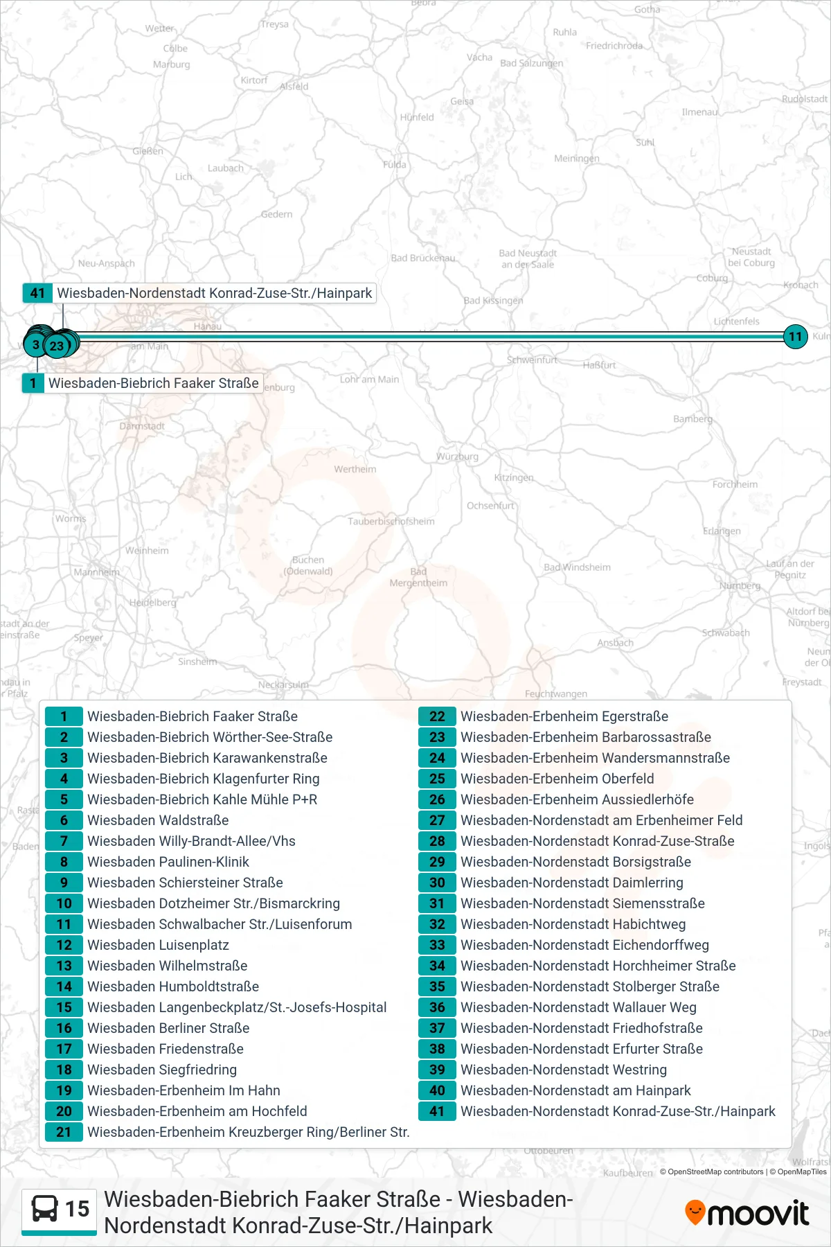 15 bus Line (Wiesbaden-Nordenstadt Konrad-Zuse-Str./Hainpark) route and stops on a map