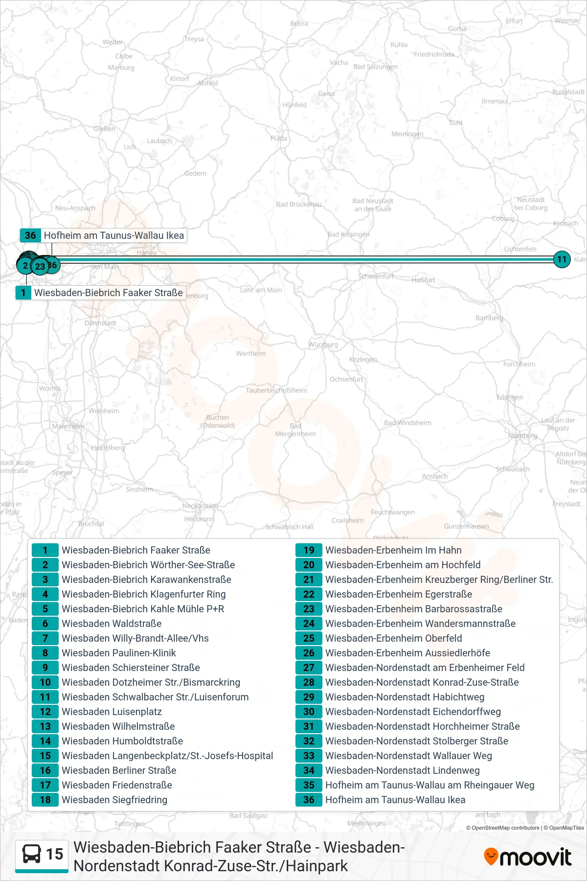 15 bus Line (Hofheim am Taunus-Wallau Ikea) route and stops on a map