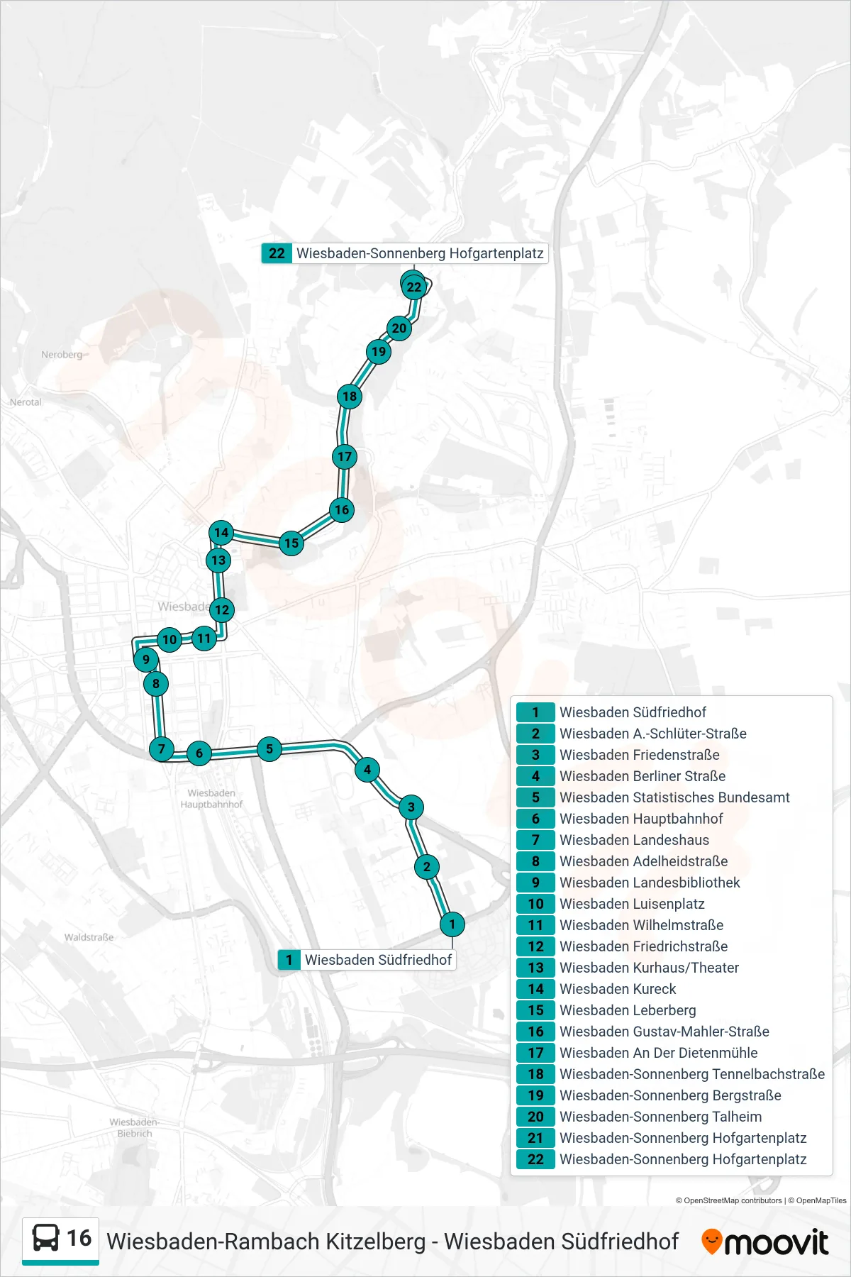 16 bus Line (Wiesbaden-Sonnenberg Hofgartenplatz) route and stops on a map