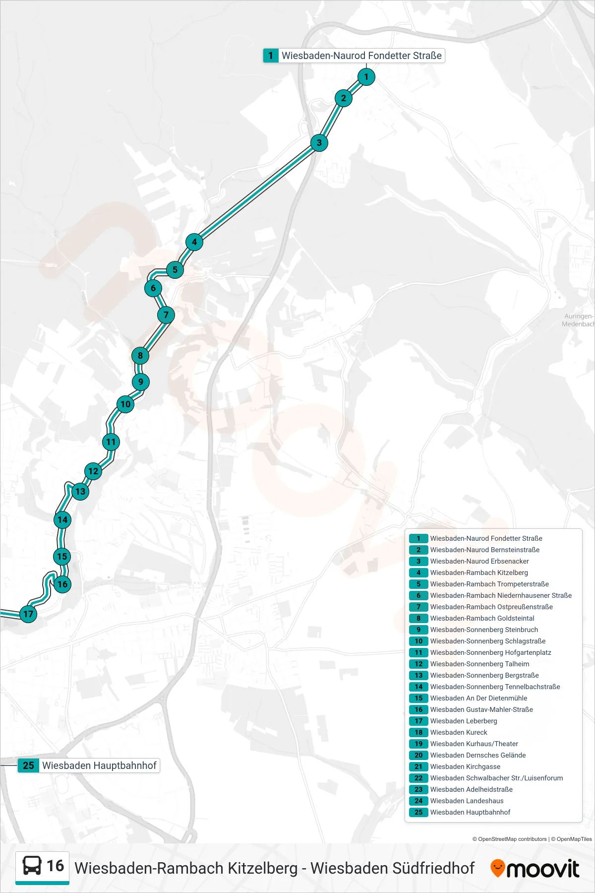 16 bus Line (Wiesbaden Hauptbahnhof) route and stops on a map